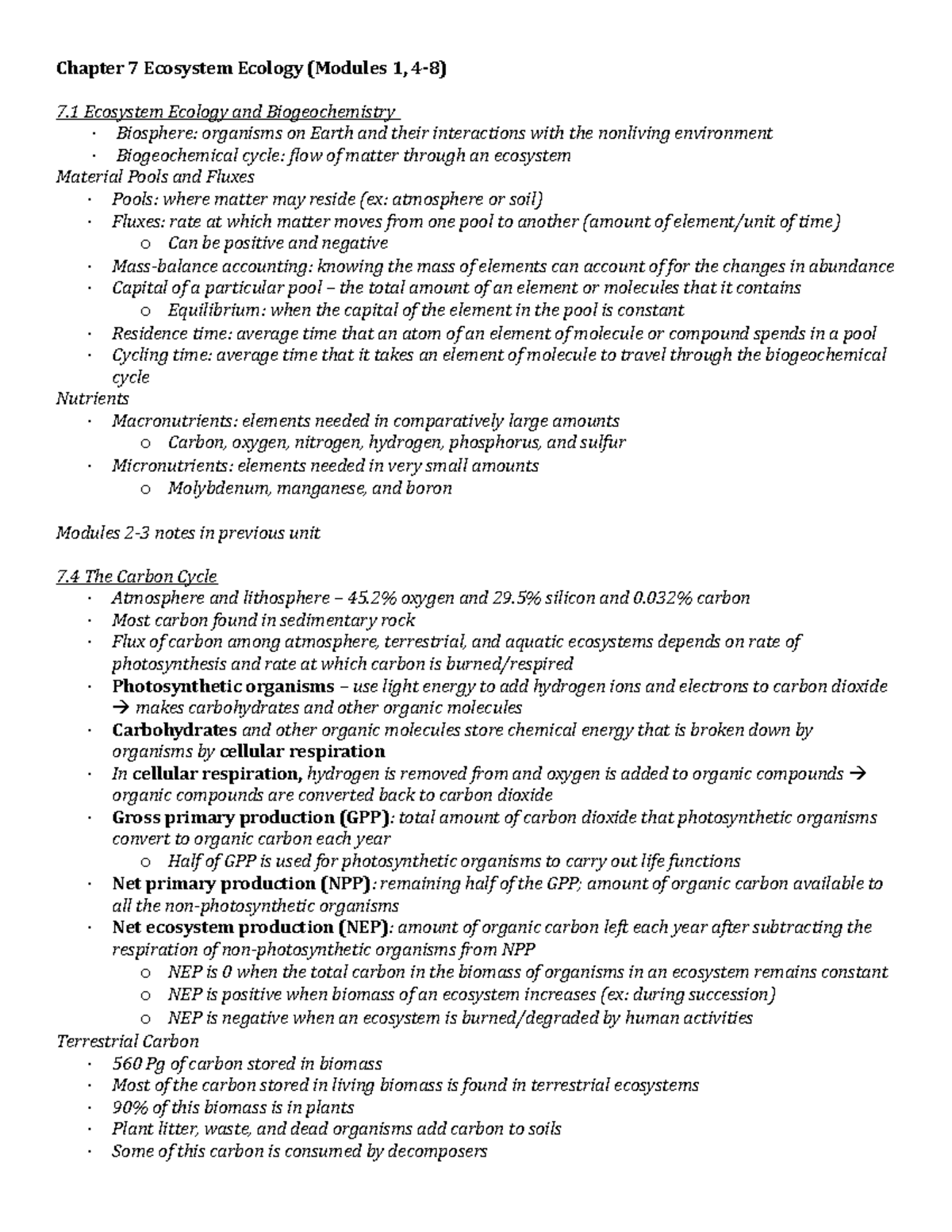Chapter 7 (textbook) Modules 1, 4-8 - Chapter 7 Ecosystem Ecology ...