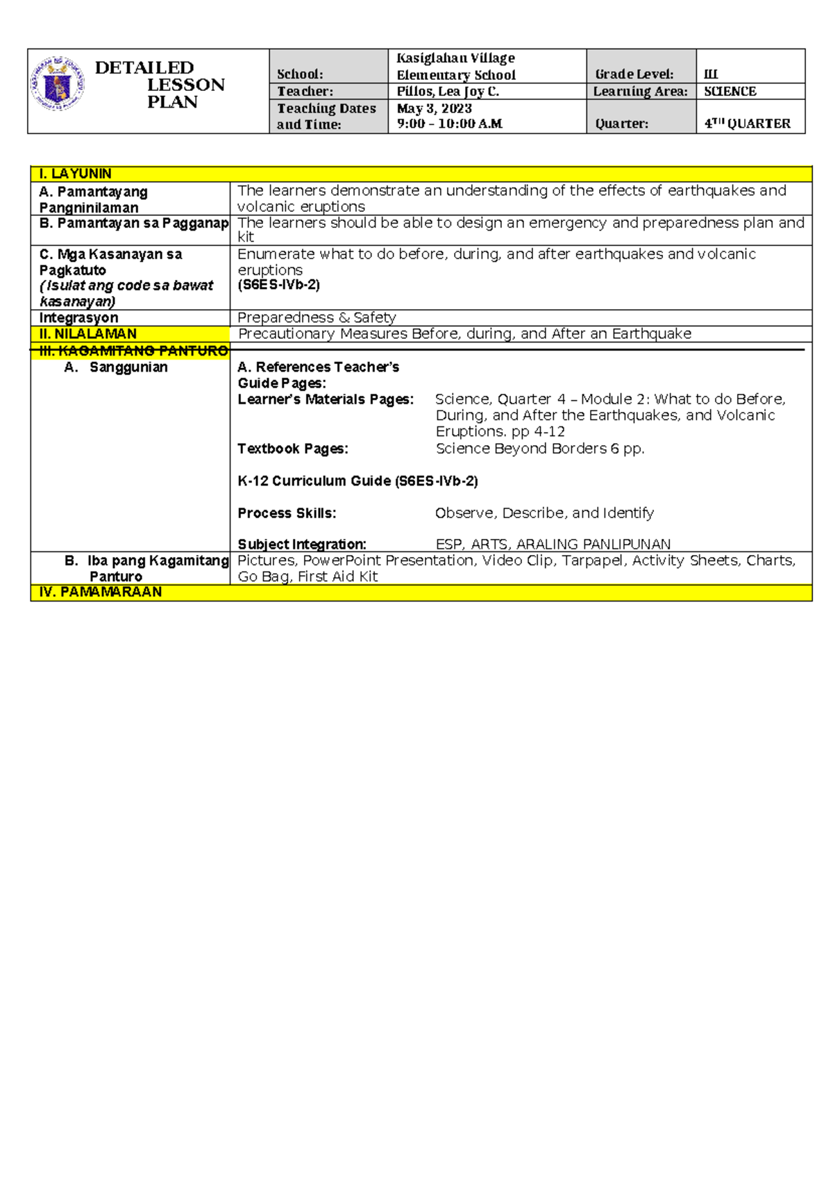 Science LP - FINE - DETAILED LESSON PLAN School: Kasiglahan Village ...