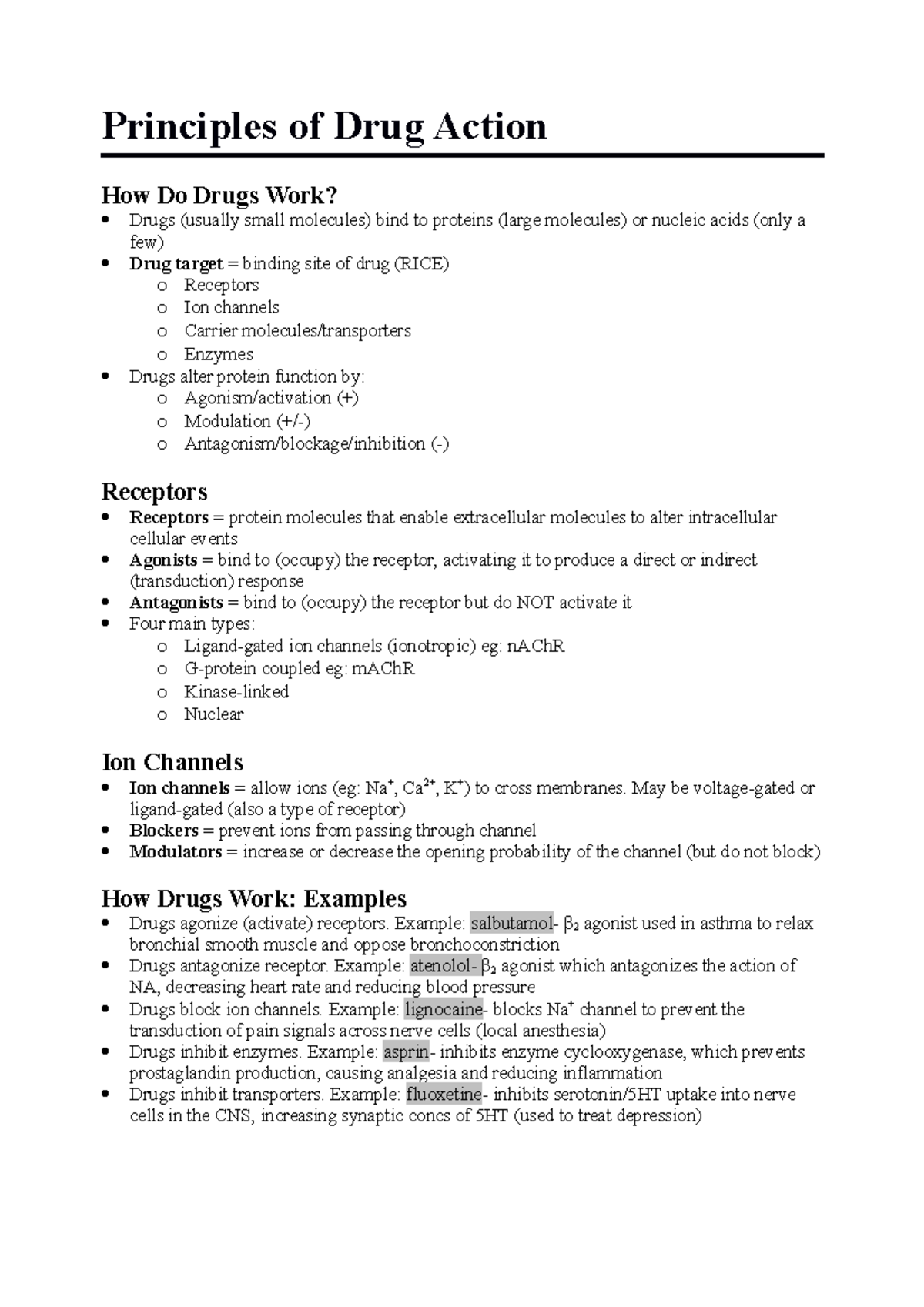 Complete lecture notes for PCOL2012 - Principles of Drug Action How Do ...