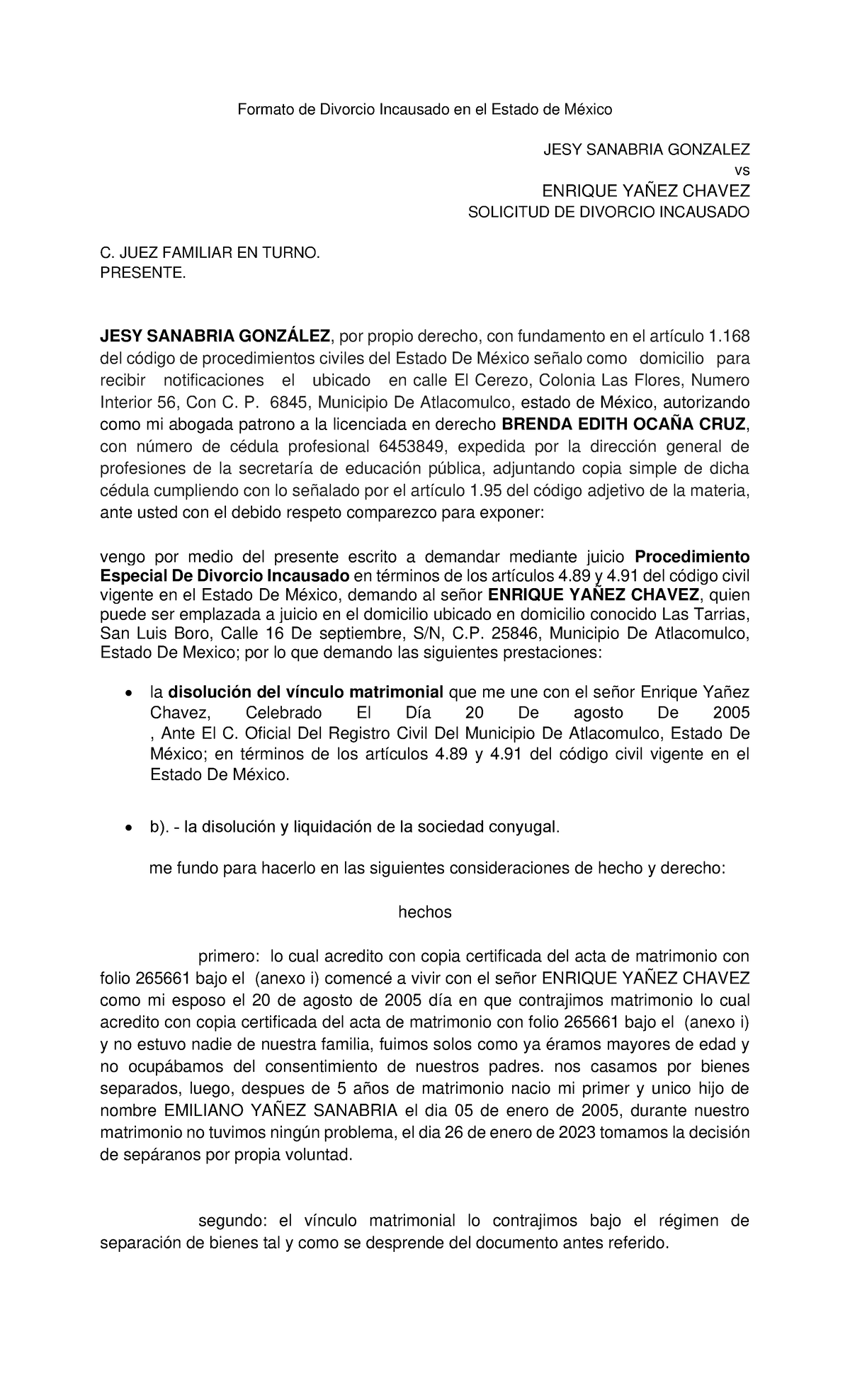 Solicitud DE DIVORCIO INCAUSADO - Formato de Divorcio Incausado en el ...