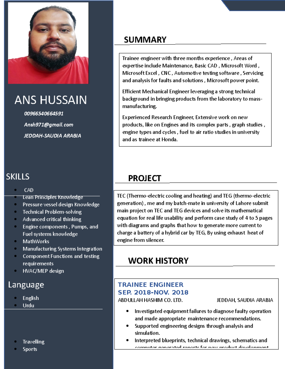 Ans hussain cv - SUMMARY PROJECT WORK HISTORY ANS HUSSAIN ...