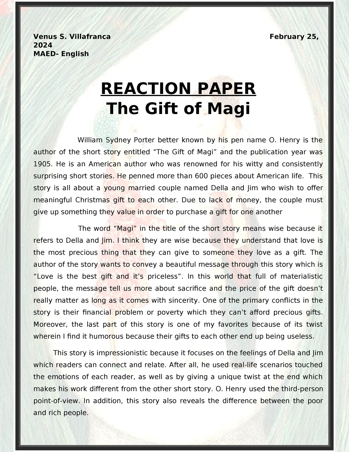 Reaction paper- short story - Venus S. Villafranca February 25, 2024 ...