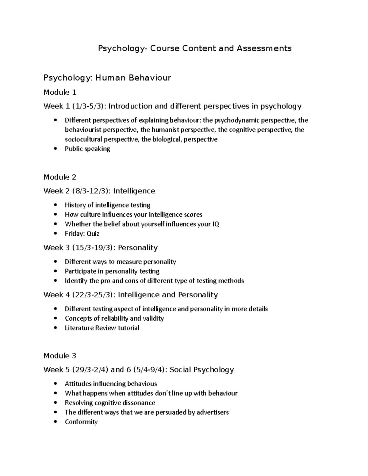 Psychology- Course Content and Assessments - Psychology- Course Content ...