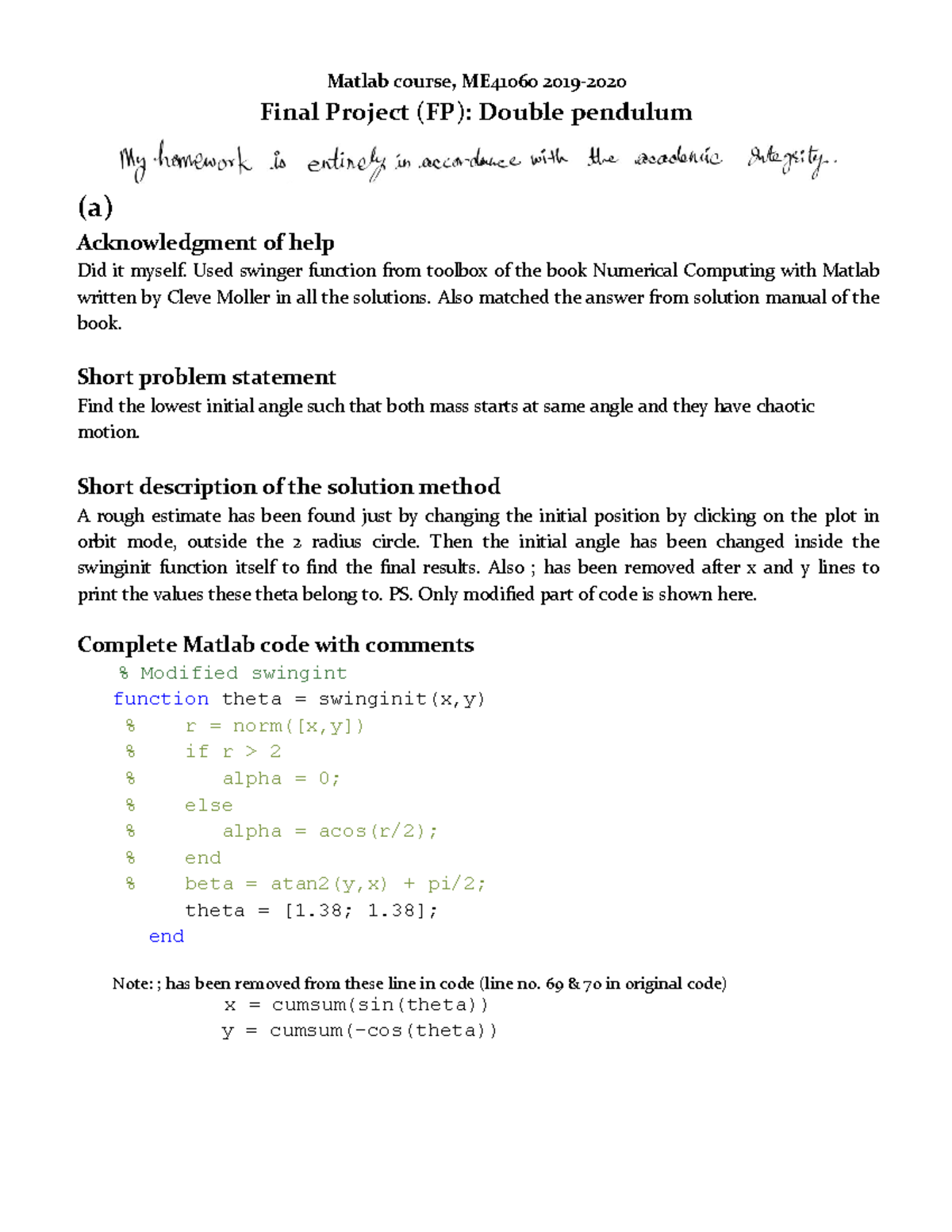 Matlab course Final Project Matlab course, ME41060 2019 Final