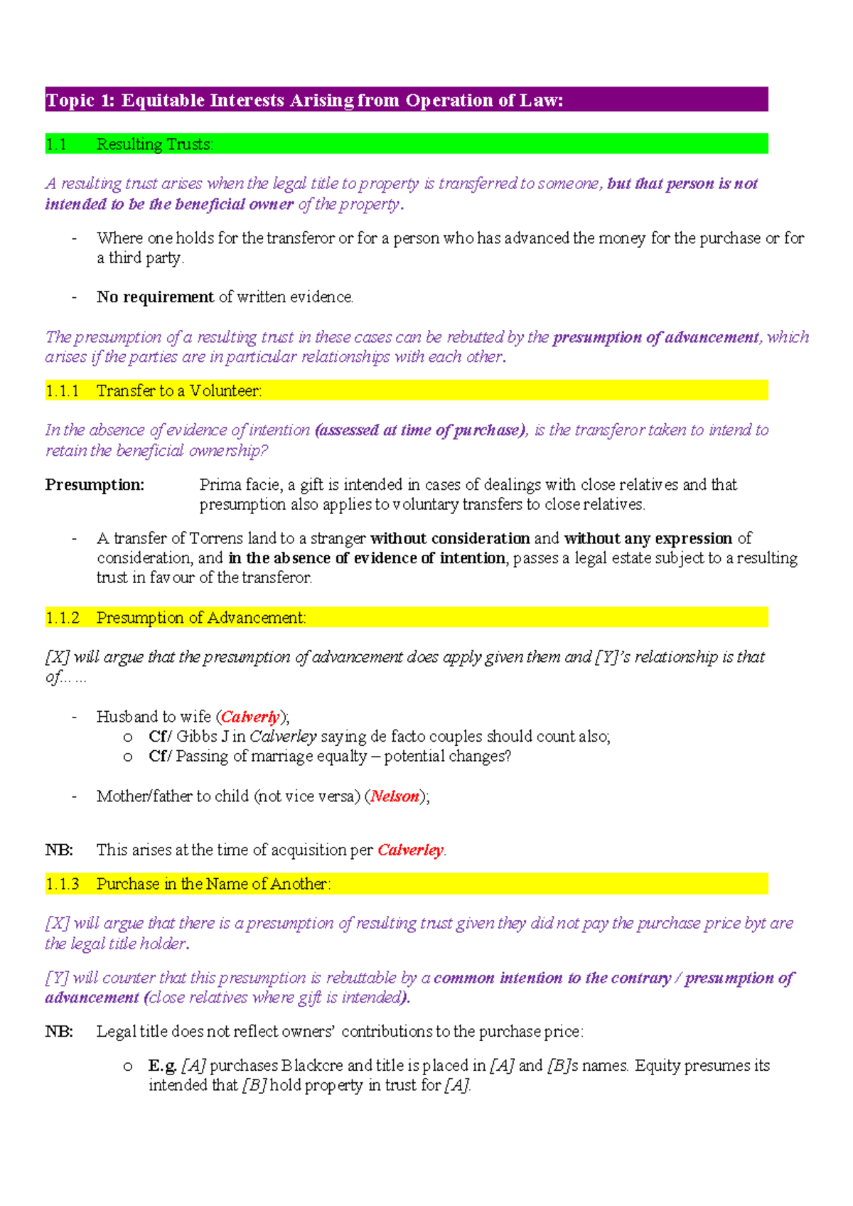 Property B Exam Notes - Topic 1 : Equitable Interests Arising from ...
