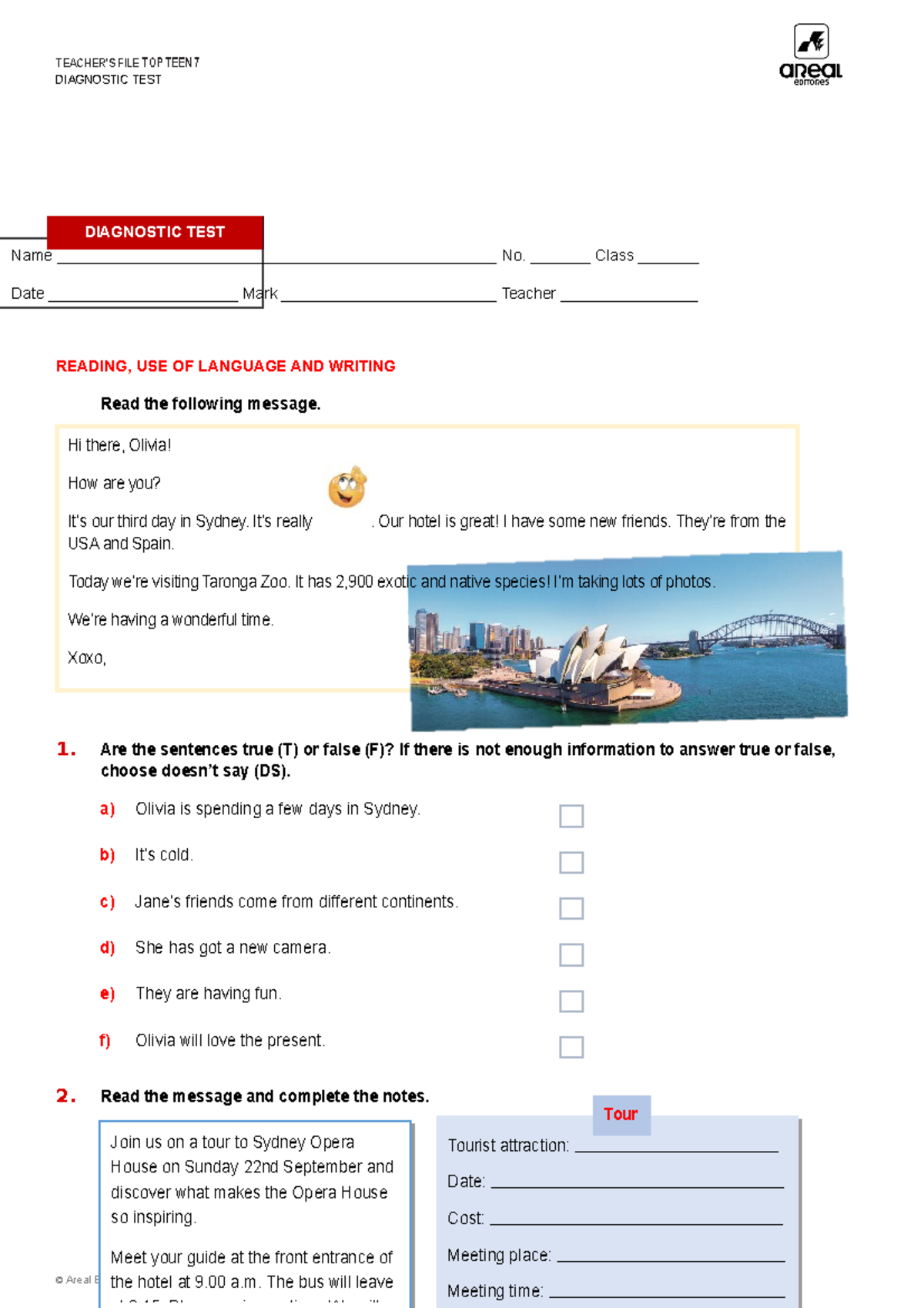 Ae tt721 diagnostic test DIAGNOSTIC TEST READING, USE OF LANGUAGE AND