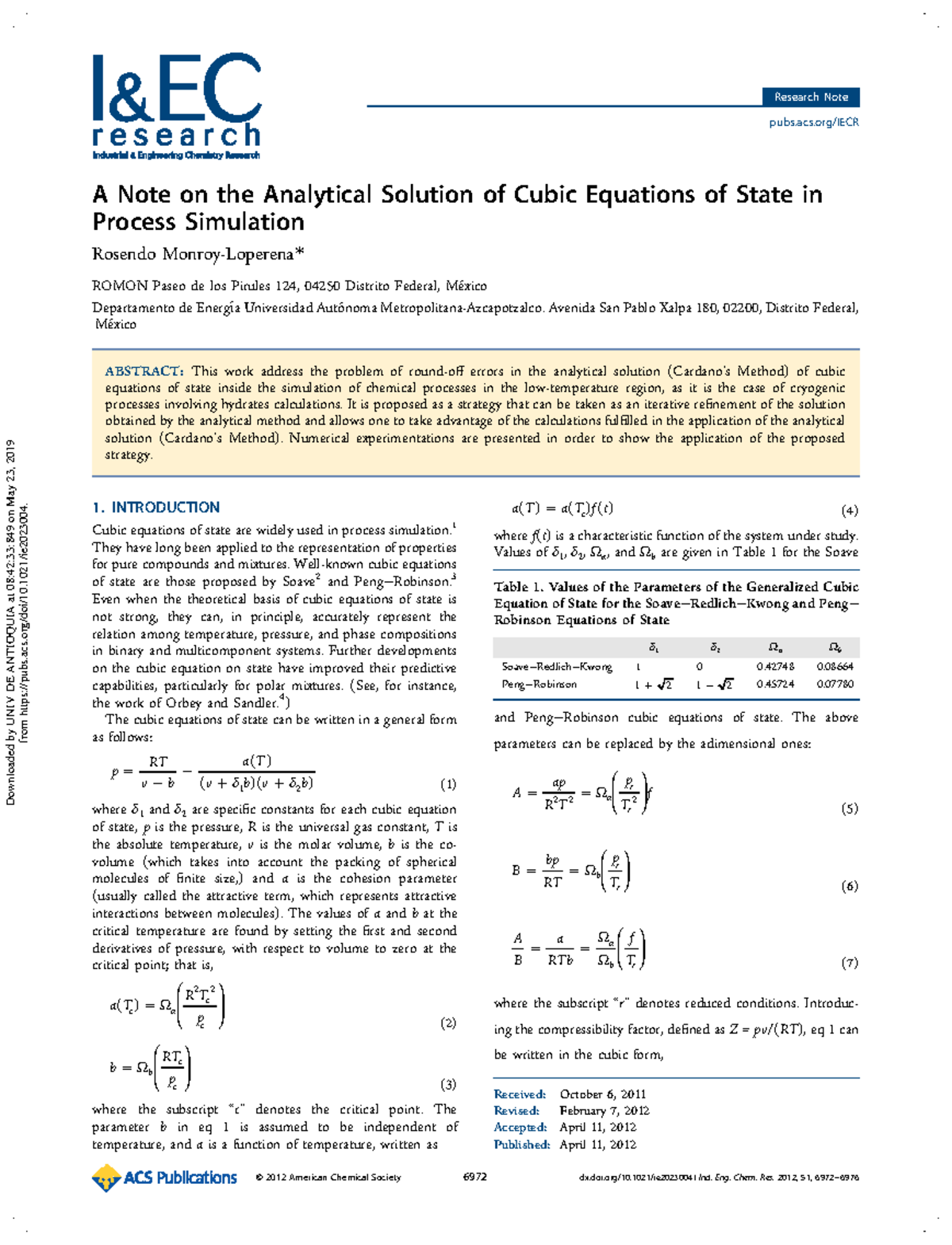 Analitic Cubic Eo S Numerical Analysis - A Note on the Analytical ...