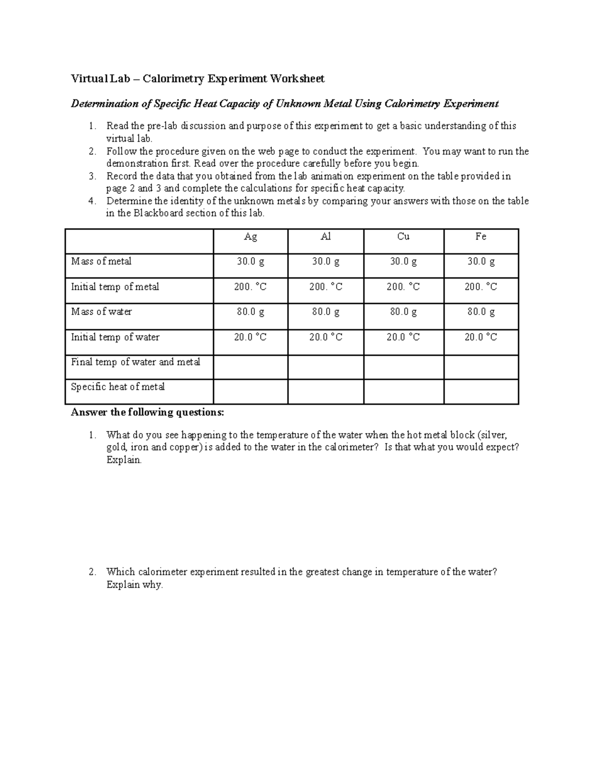 Virtual Lab Calorimetry Experiment Worksheet Virtual Lab