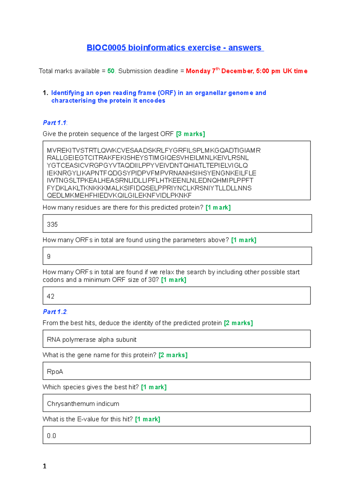Bioinformatics answer sheet - BIOC0005 bioinformatics exercise ...