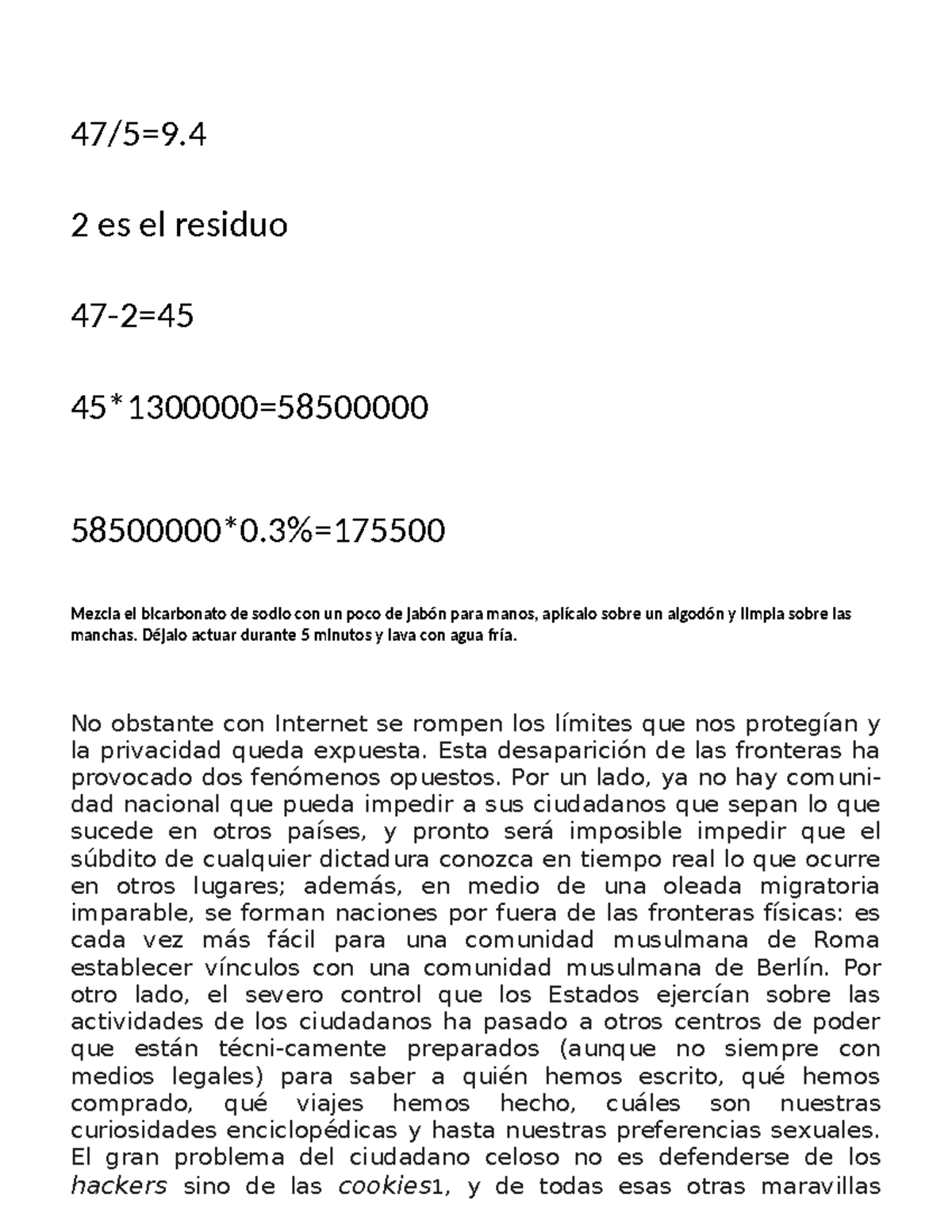 Nuevo Documento de Microsoft Word - 47/5=9. 2 es el residuo 47-2= 45* ...