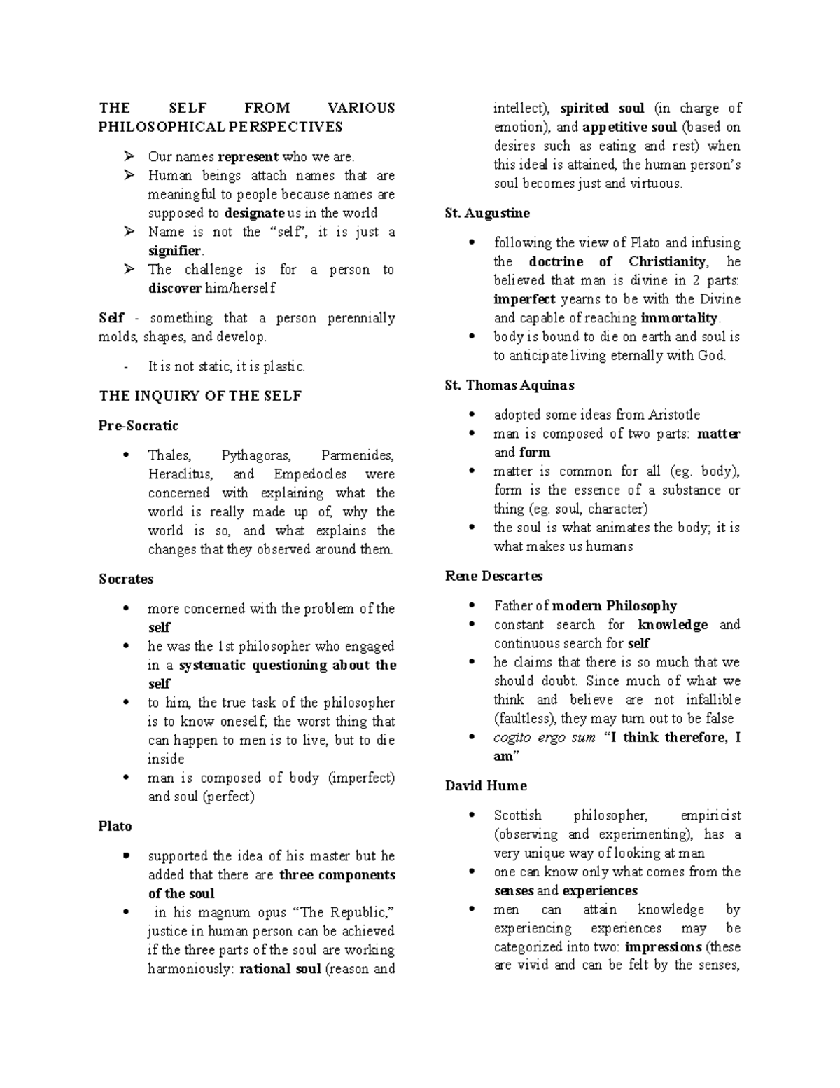 UTS Reviewer ( Prelim) - THE SELF FROM VARIOUS PHILOSOPHICAL ...