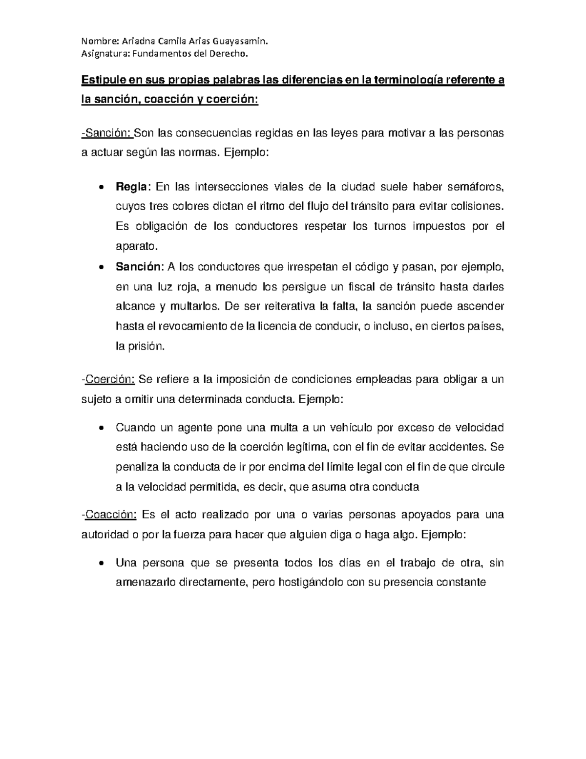 Conceptos de Sanción coerción y coacción Nombre Ariadna Camila Arias