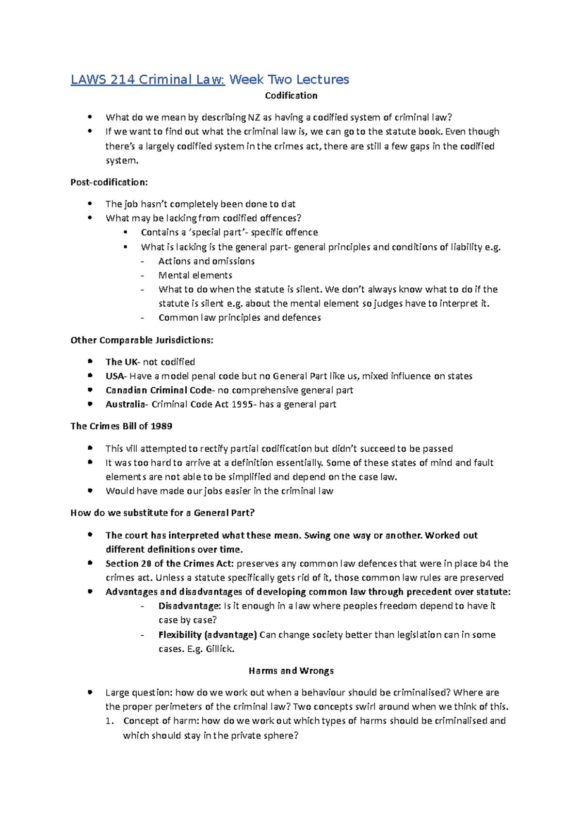 CRIM Week 2 Lecture 1 Codification Harms and Wrongs - LAWS 214 Criminal ...