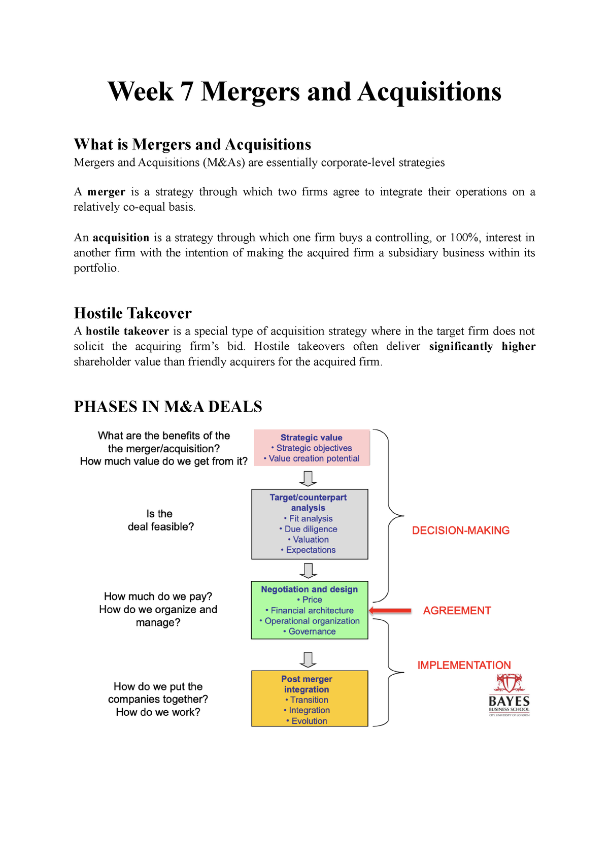 Week 7 - Lecture Notes - Week 7 Mergers And Acquisitions What Is ...