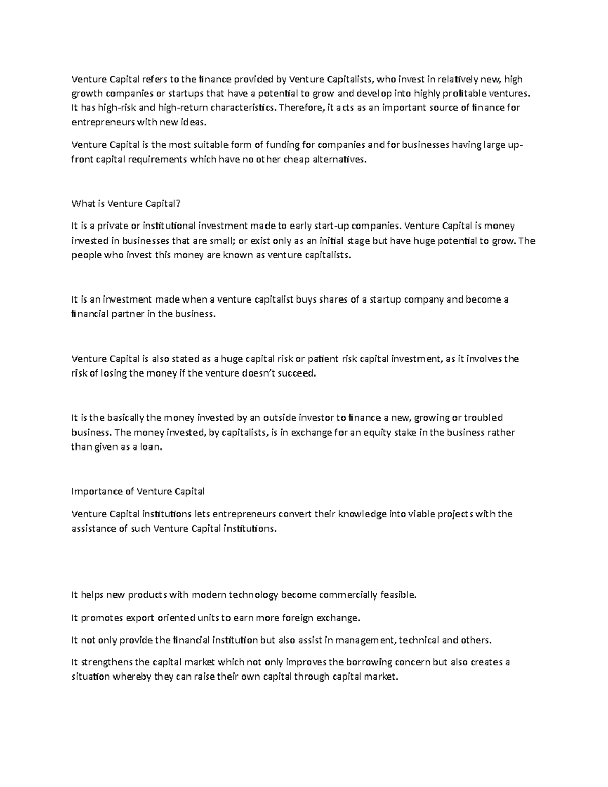 Venture capital financing - Venture Capital refers to the finance ...