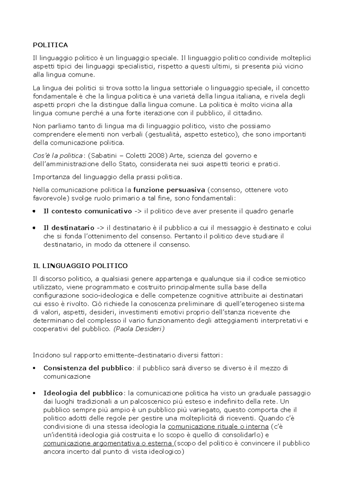 Linguaggiopolitico appunti POLITICA Il linguaggio politico è un