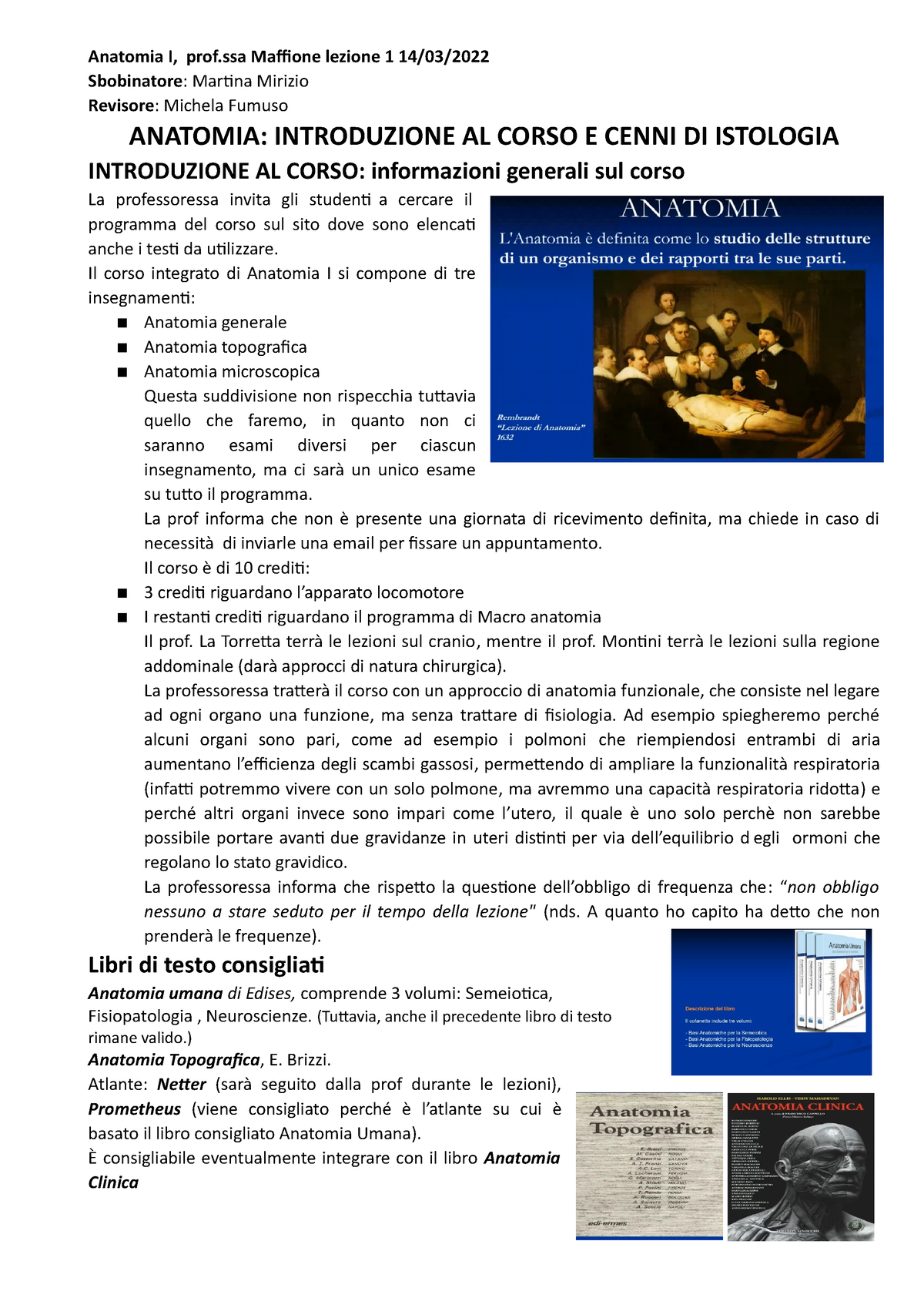 0.1 Anatomia 14-03-2022 - Anatomia I, prof Maffione lezione 1 14/03/  Sbobinatore: Martina Mirizio - Studocu