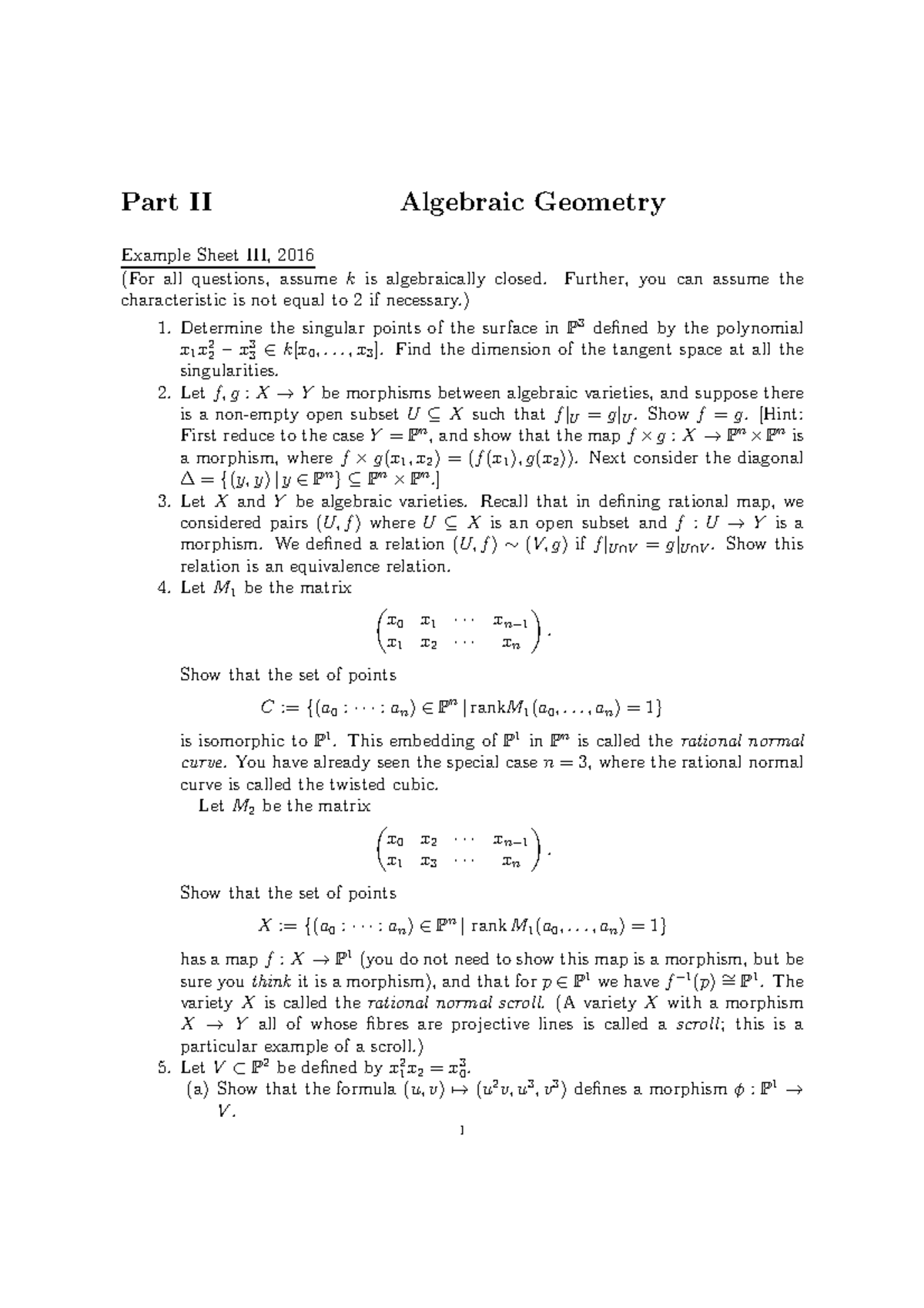 Algebraic Geometry 20162017 Example Sheet 3 Part II Algebraic