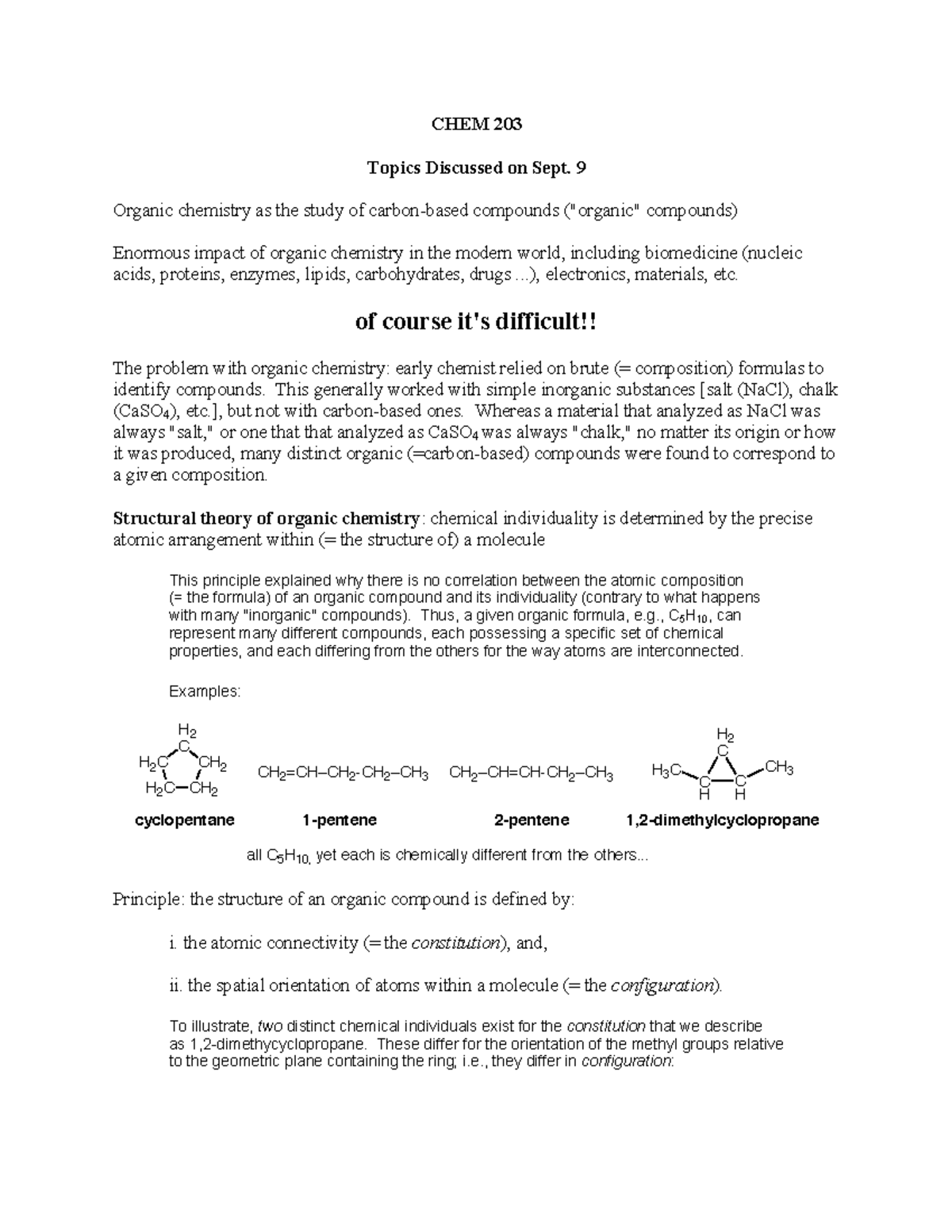 Introduction To Organic Chemistry Lecture Notes 01sept09 Chem 203 Topics Discussed On Sept 4539