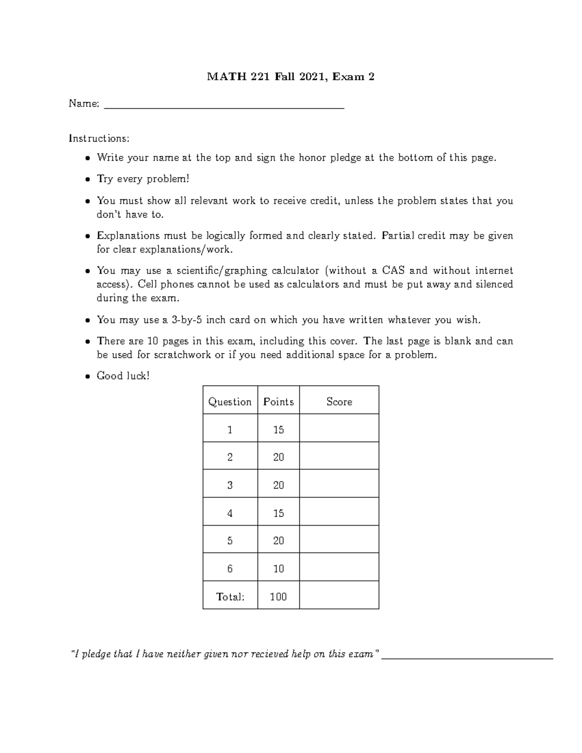 Practice exam 2021Fall - MATH 221 Fall 2021, Exam 2 Name: Instructions ...