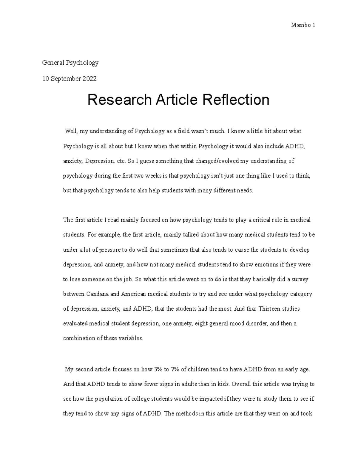 Research Article Reflection PY111 - Mambo 1 General Psychology 10 ...