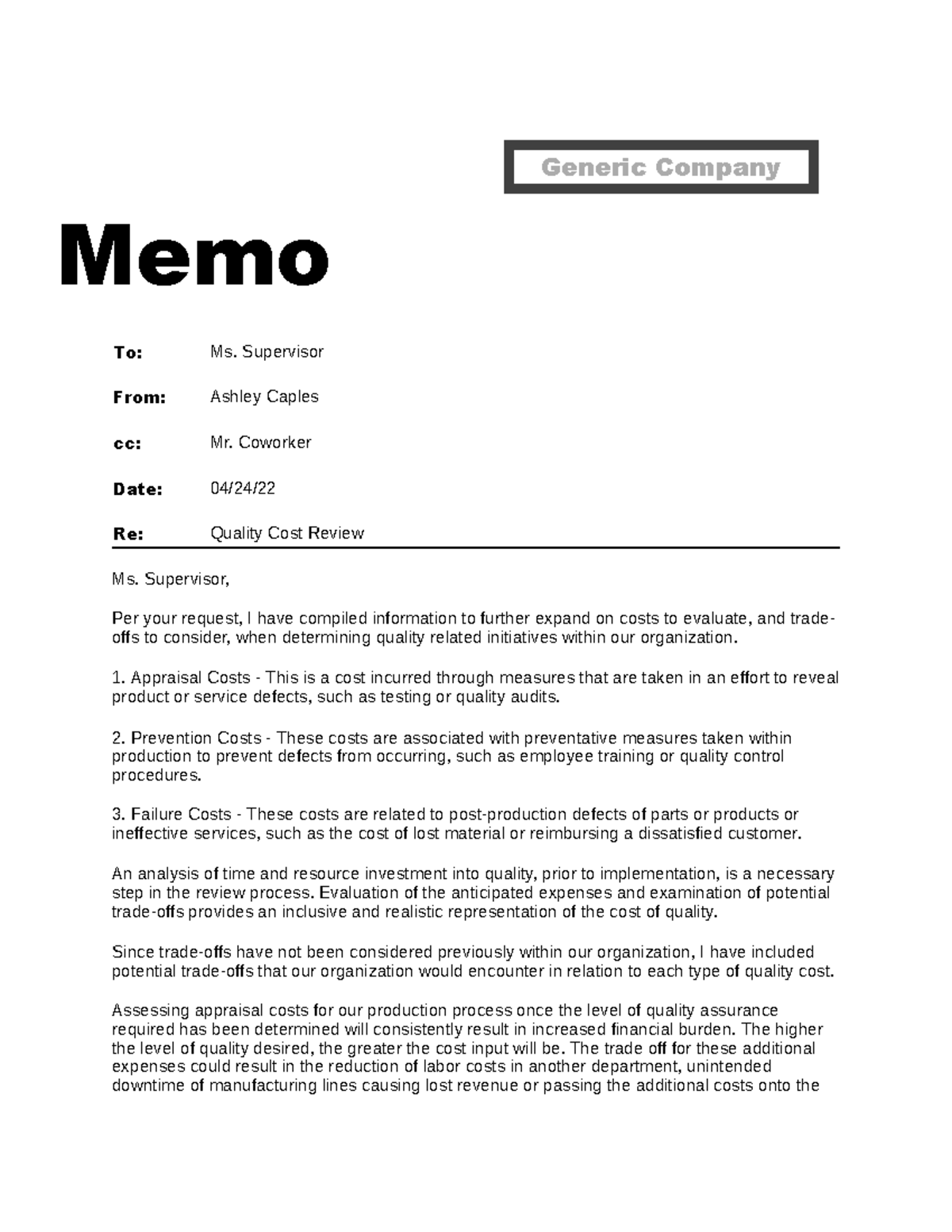 QHT1 Task One - QHT1 Task One - Passed - Generic Company Memo To: Ms ...