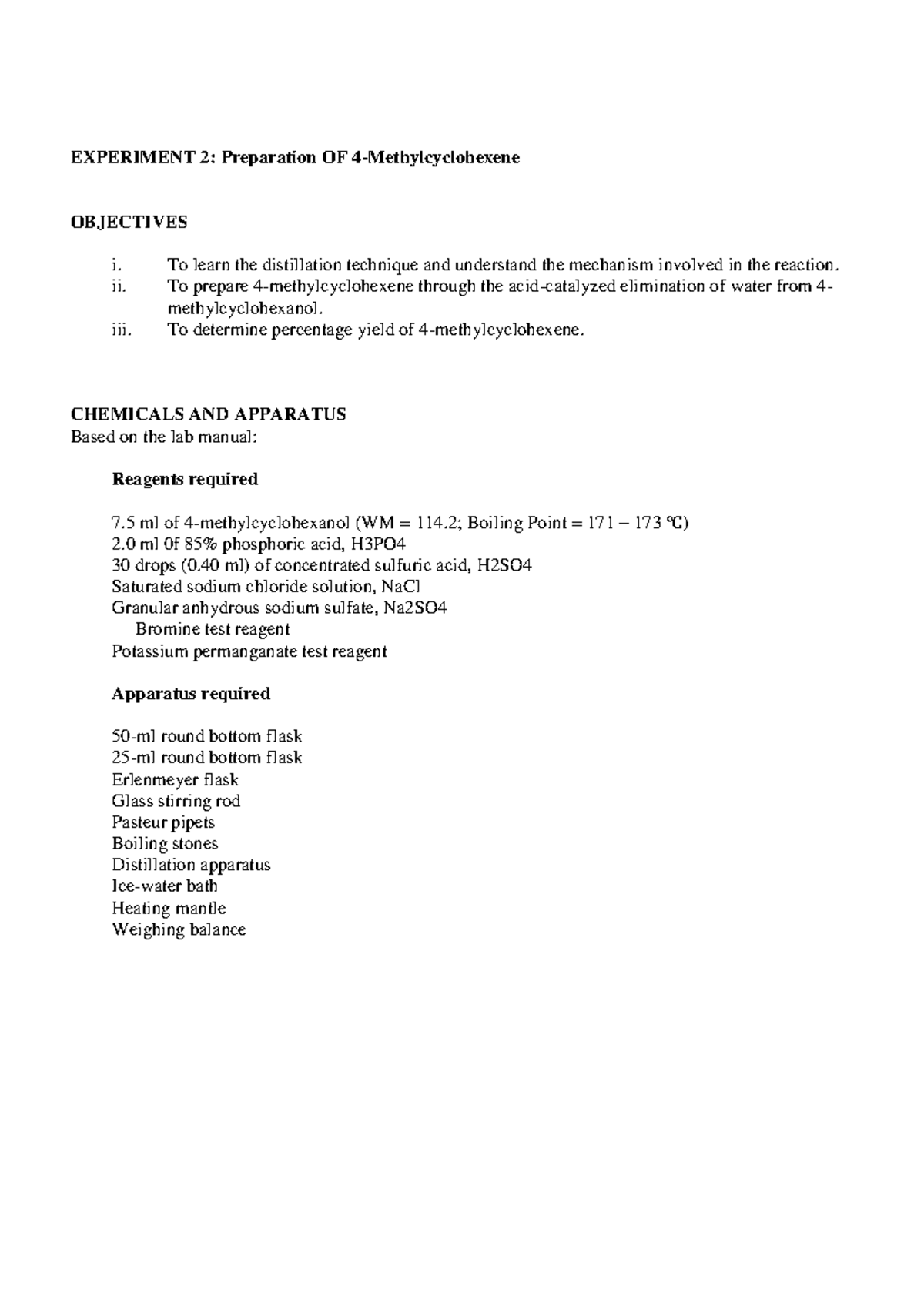 Lab Report 2 CHM457 FUND. Organic Chemistry EXPERIMENT 2 Preparation