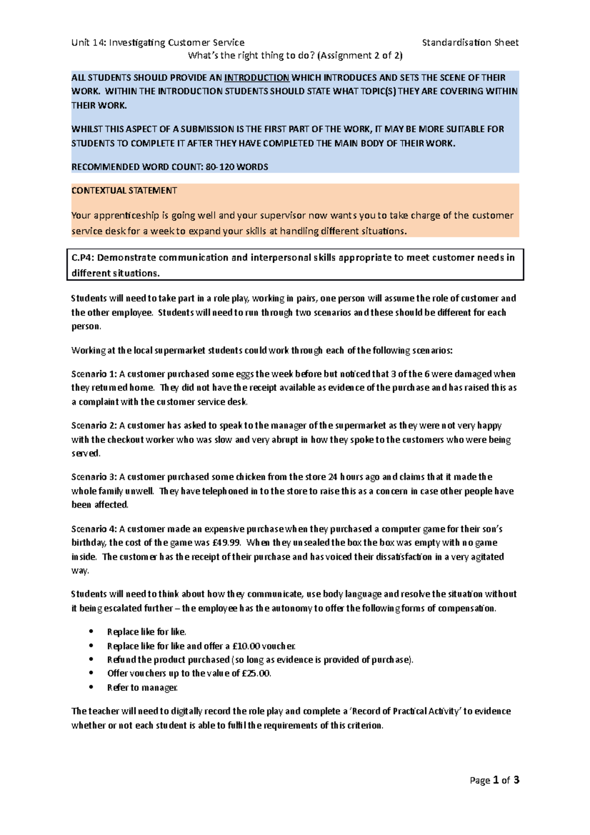 U14 A2 of 2 Standardisation Sheet - Unit 14: Investigating Customer ...