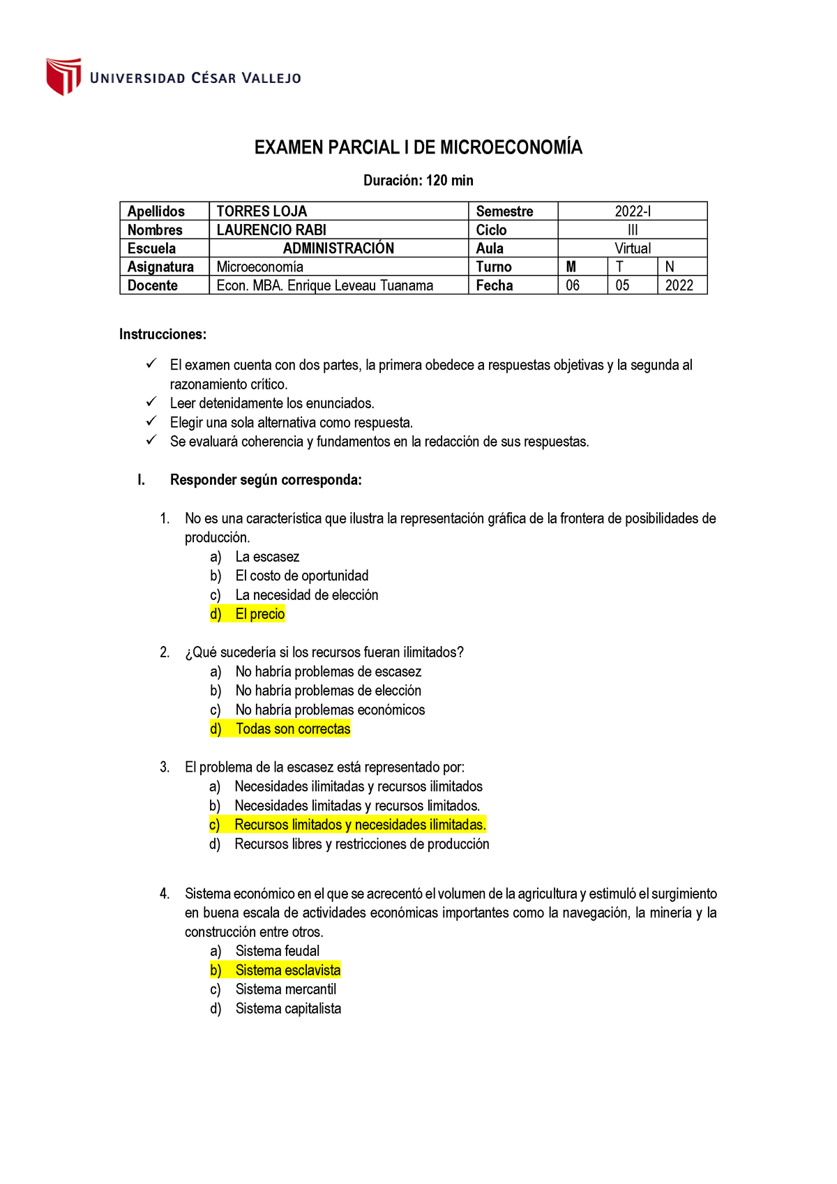 Examen Parcial Examen Parcial I De Microeconom A Duraci N Min Apellidos Torres Loja