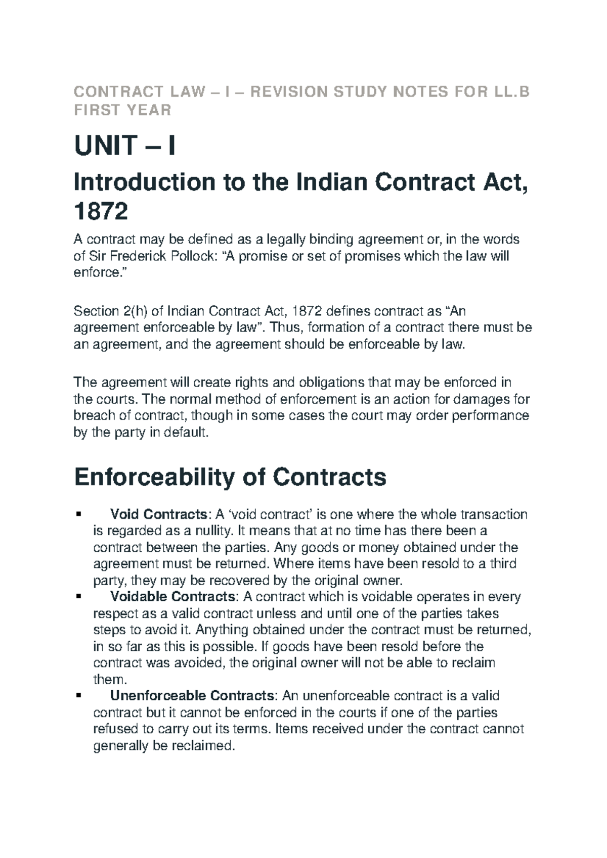 Contract LAW Notes - CONTRACT LAW – I – REVISION STUDY NOTES FOR LL ...