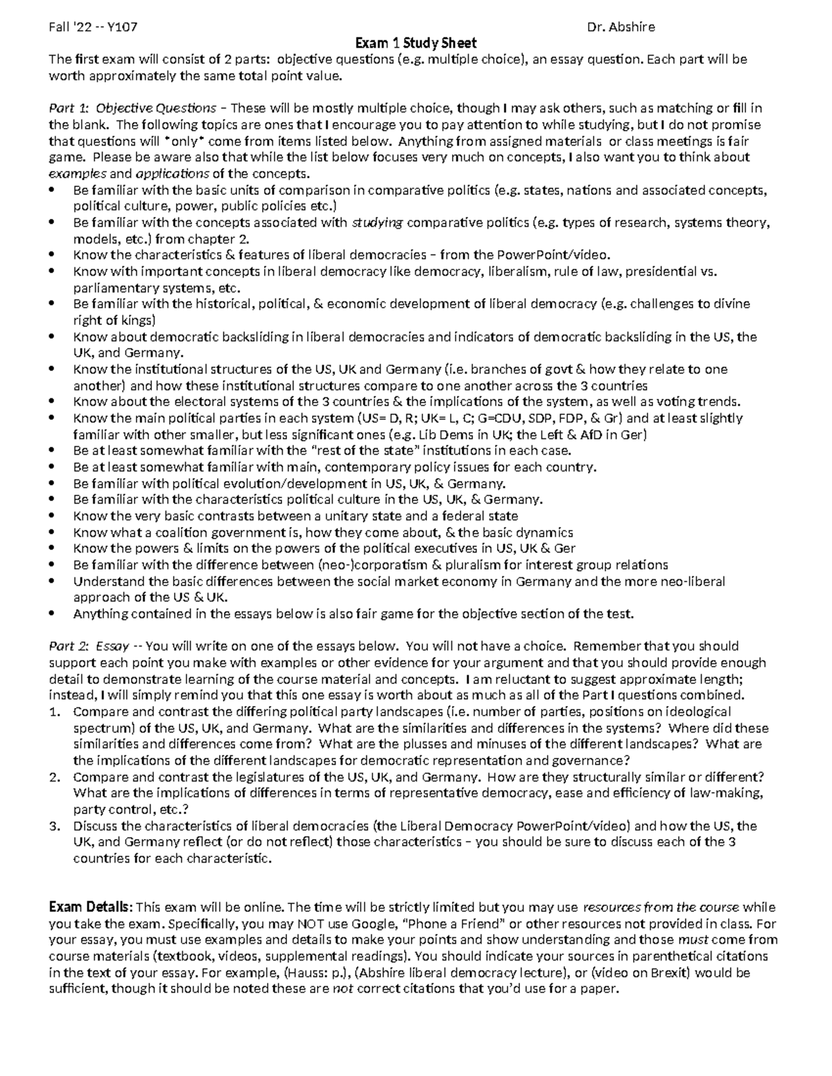 107 Exam 1 Study Guide 2022 - Fall '22 - Y107 Dr. Abshire Exam 1 Study ...