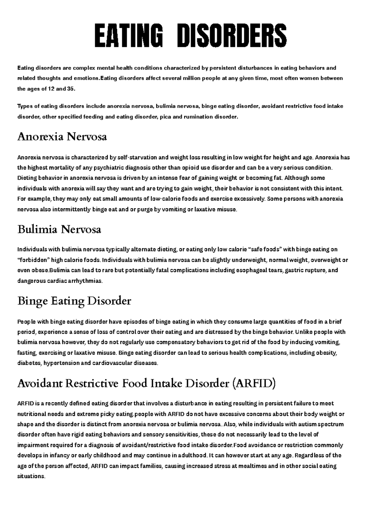 Eating Disorders - lecture notes - EATING DISORDERS Eating disorders ...