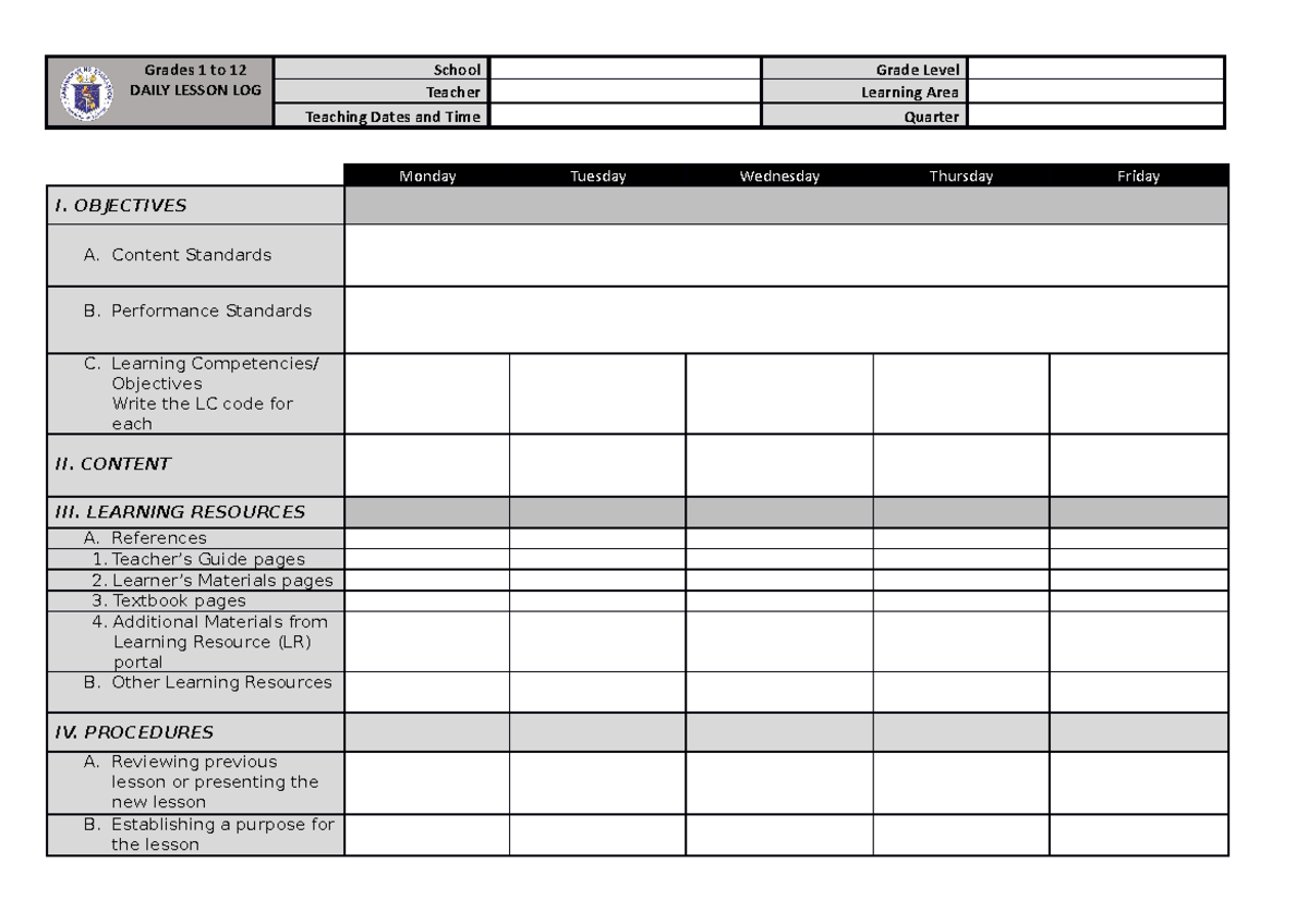 Daily Lesson Log Template Excel