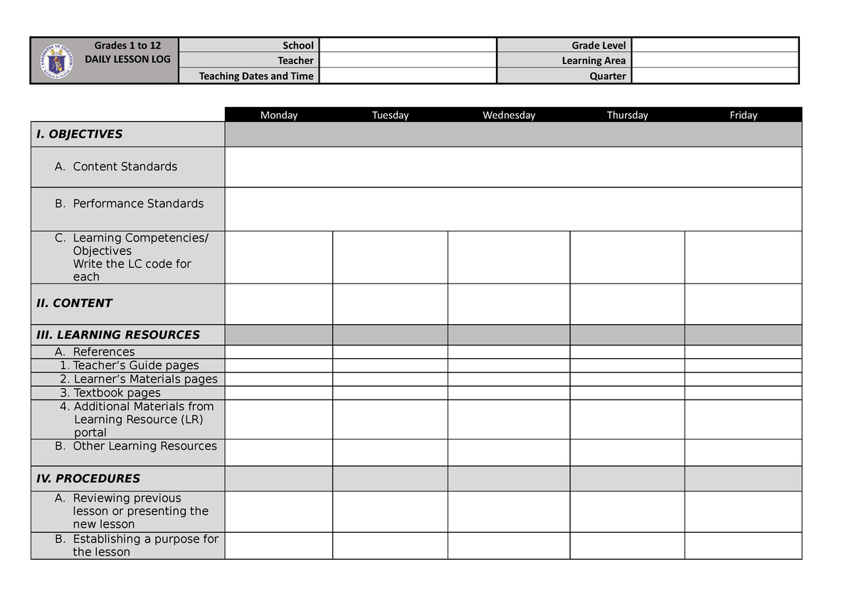 DLL Template For Teahcers Grades 1 To 12 DAILY LESSON LOG School 