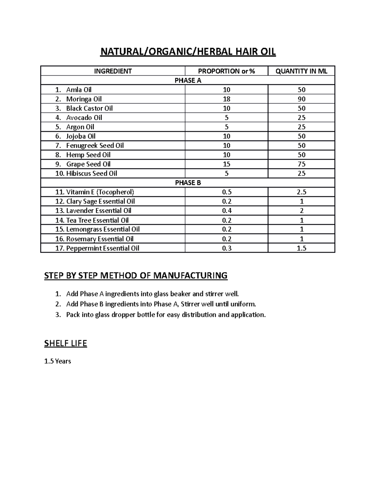 Natural Organic HAIR OIL Formulation HAIR OIL