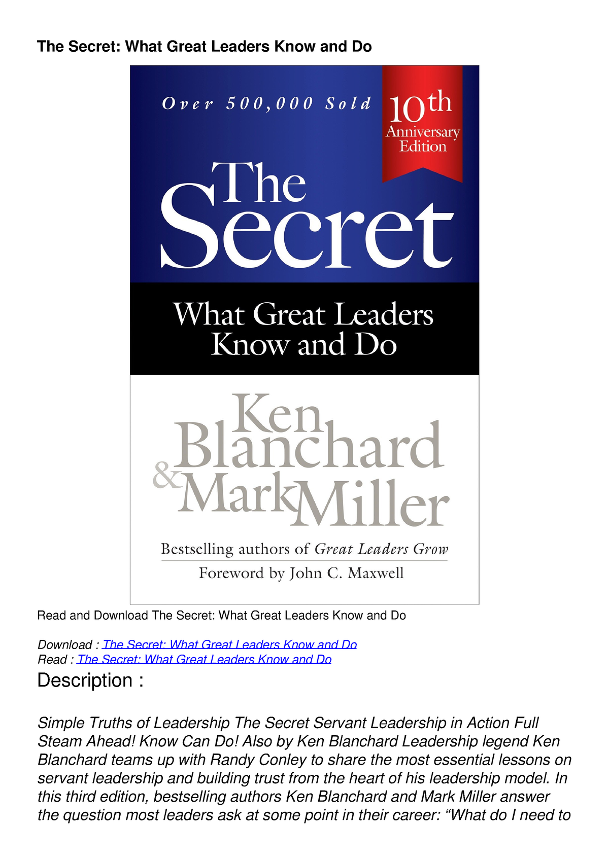 PDF/READ/DOWNLOAD The Secret: What Great Leaders Know and Do - The ...