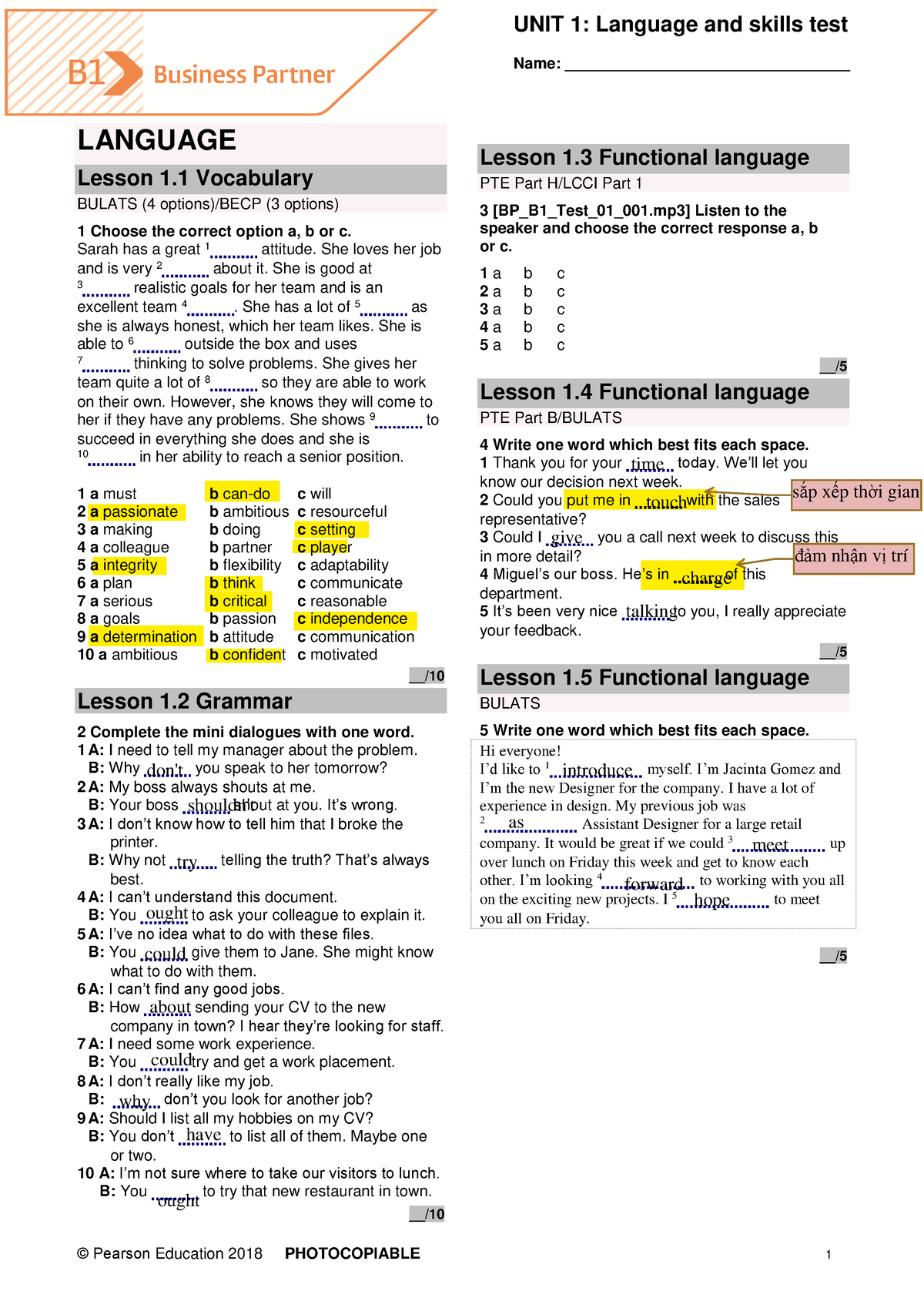 BP B1 Tests Unit1 Repaired - © Pearson Education 2018 PHOTOCOPIABLE 1 ...