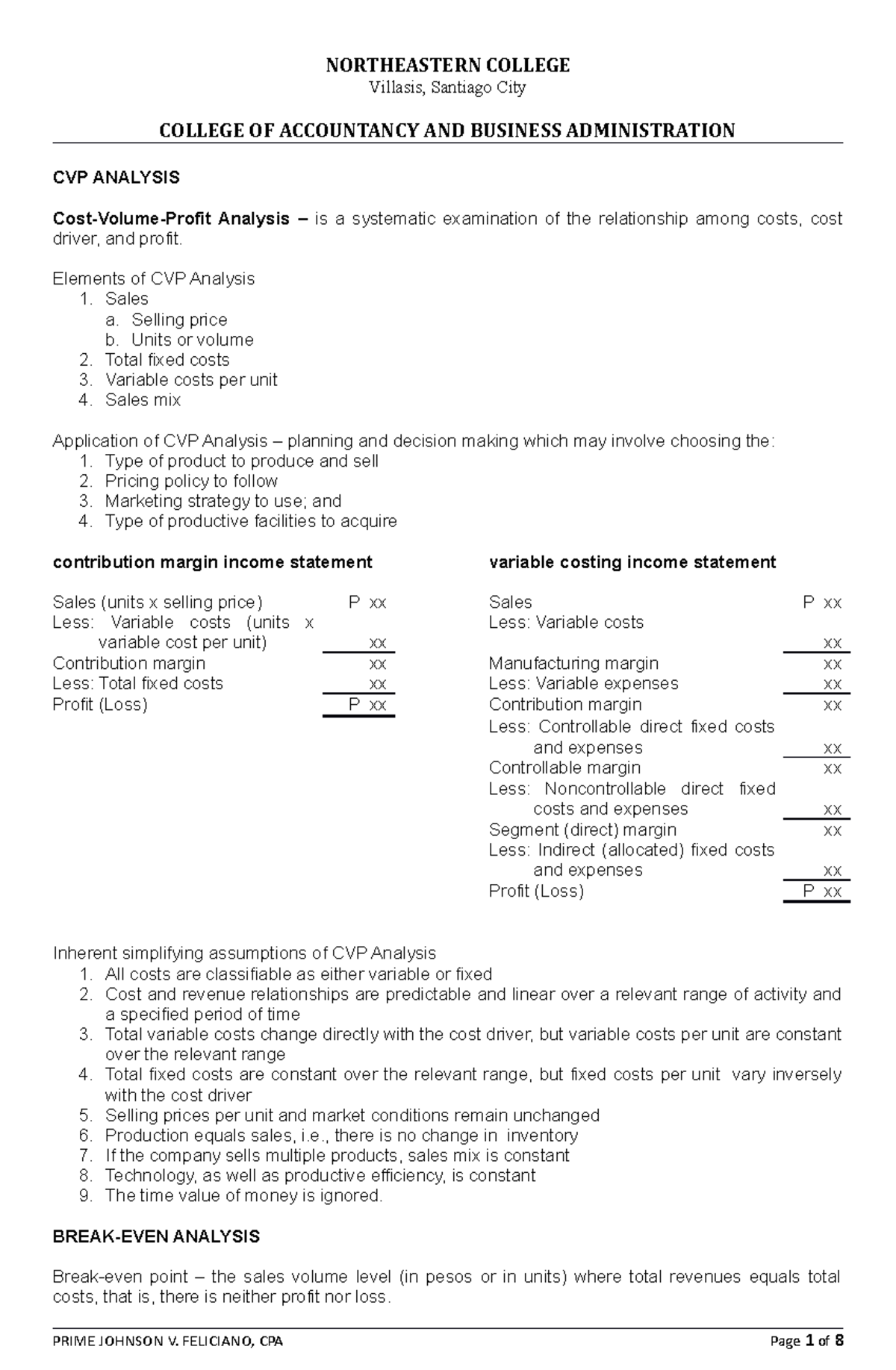 2-CVP-Analysis - Bsnsks - NORTHEASTERN COLLEGE Villasis, Santiago City ...