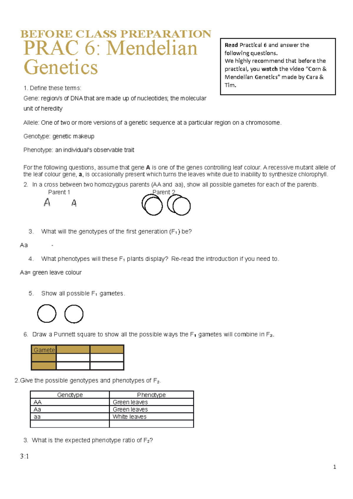 BIOL1020 Prac 6 - Mendelian Genetics 1 - BEFORE CLASS PREPARATION PRAC ...