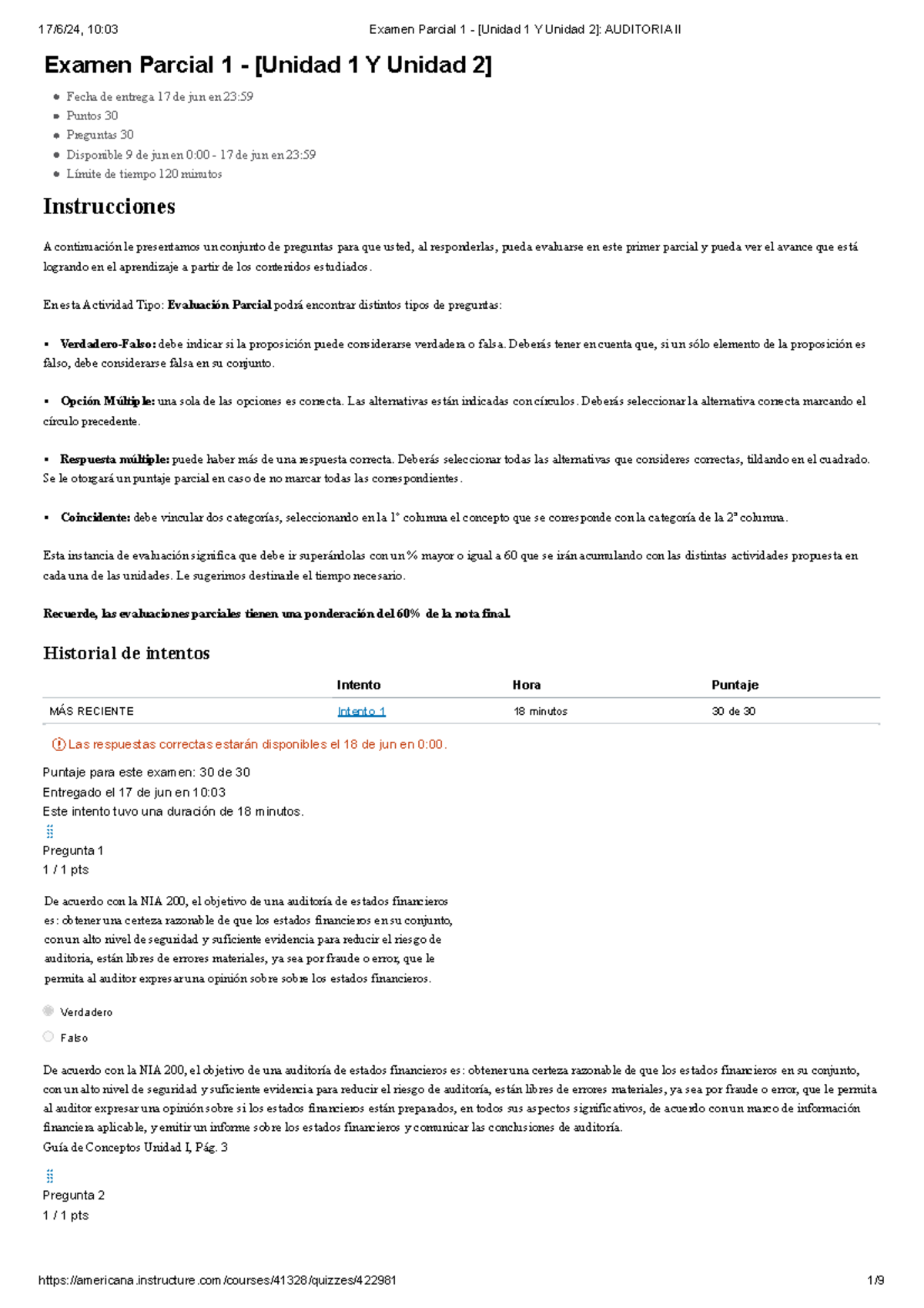 Examen Parcial 1 - [Unidad 1 Y Unidad 2] Auditoria II - Examen Parcial ...