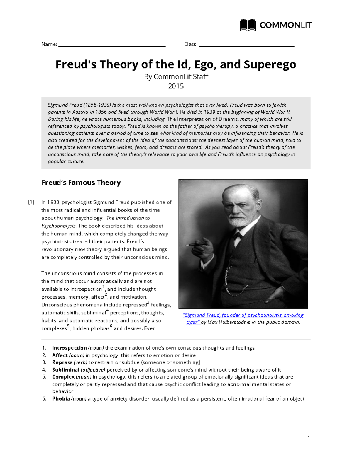 Freud's Theory of the Id Ego and Superego-teacher-12 - Name: Class ...