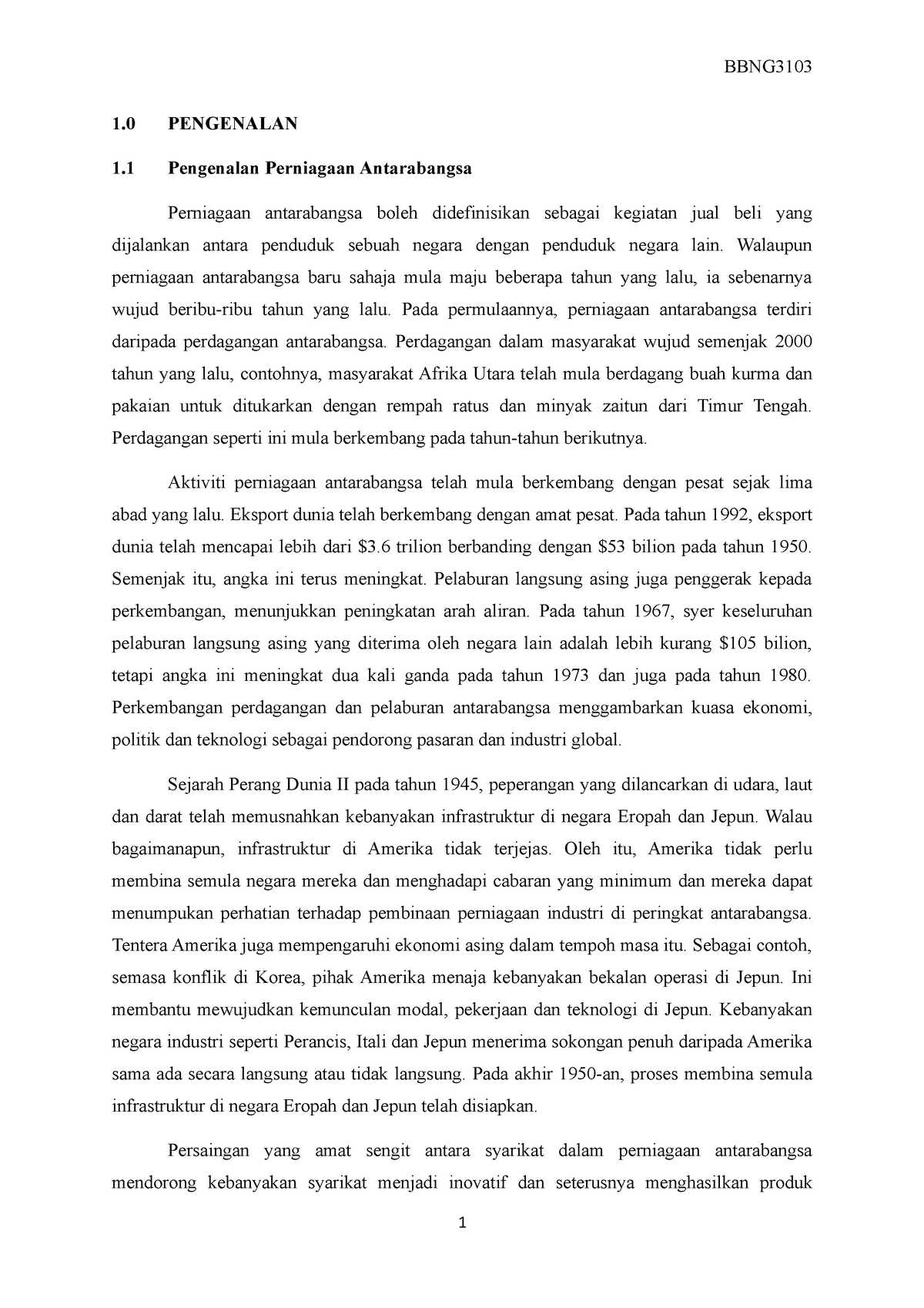 International Business Essay Assignment Bbng 1 0 Pengenalan 1 1 Pengenalan Perniagaan Antarabangsa Studocu