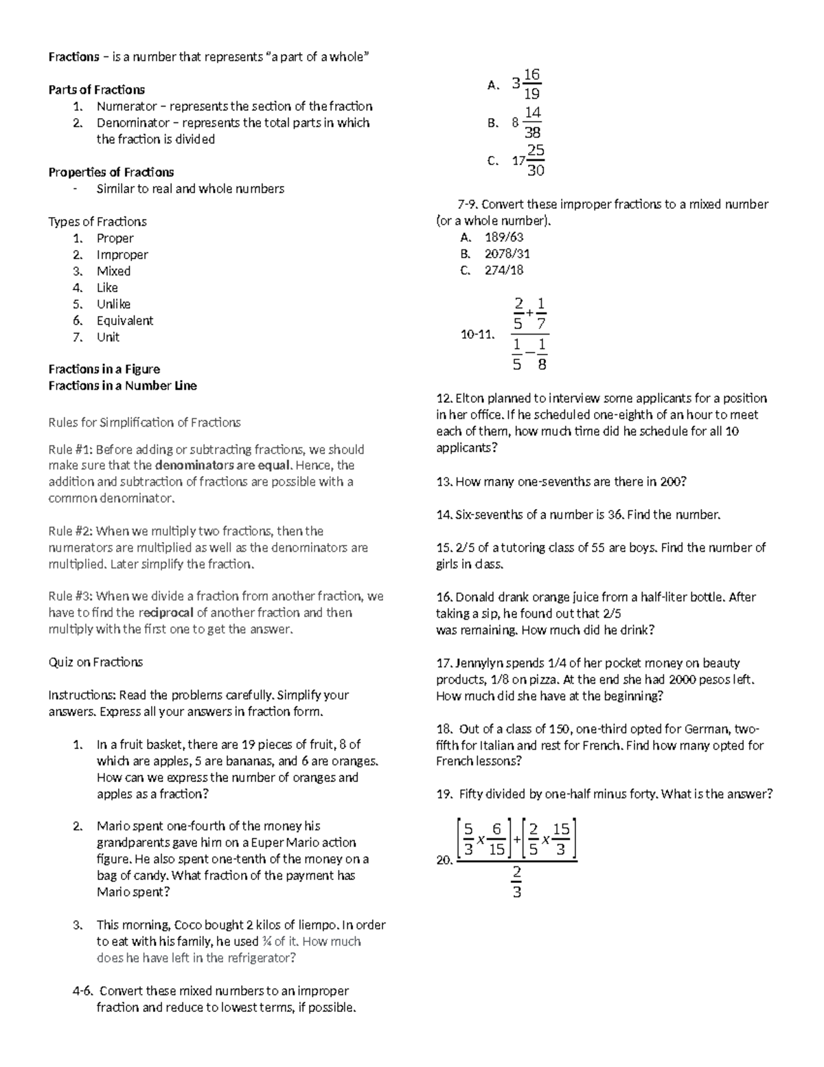 Fractions - Fraction notes basic mafh - Fractions – is a number that ...