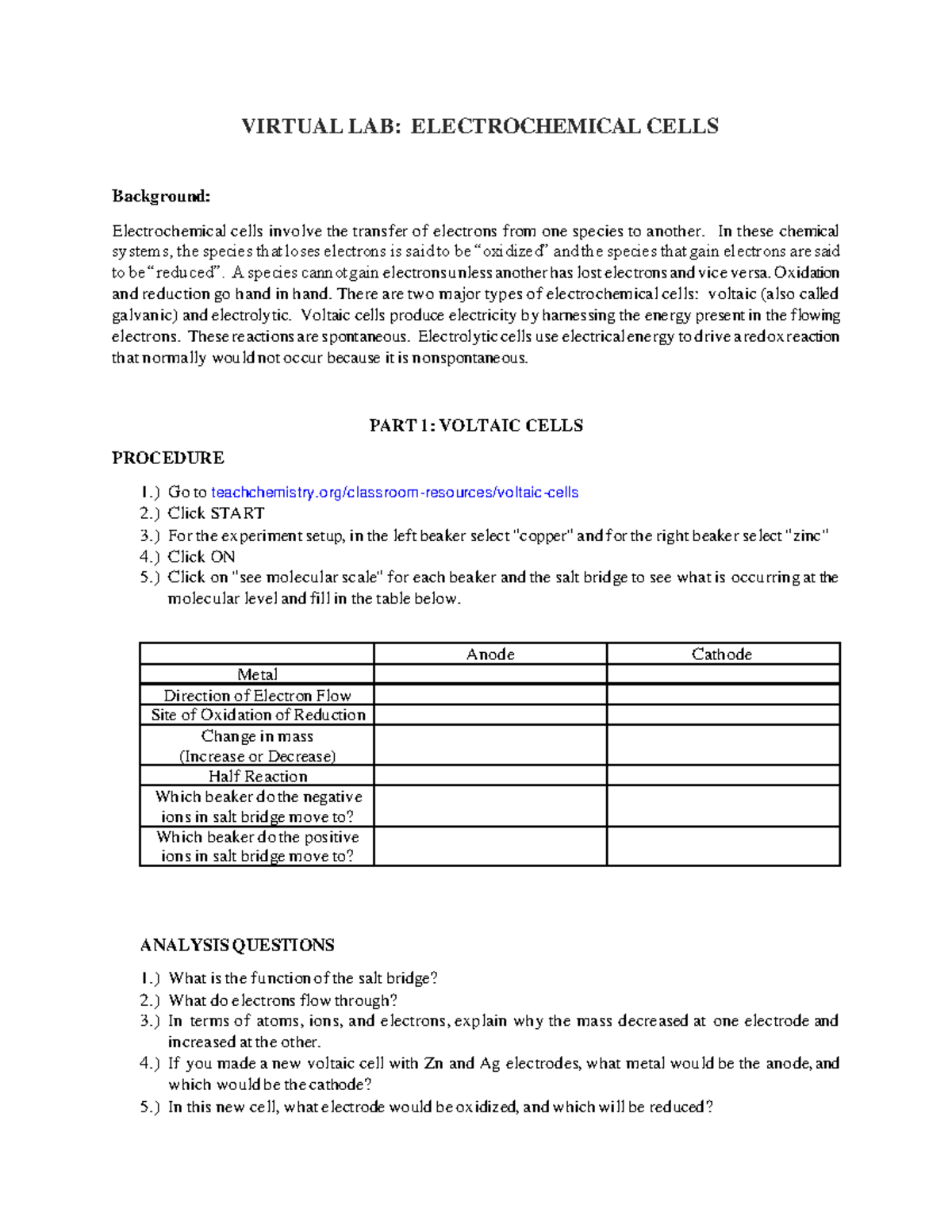Virtual LAB Electrolysis VIRTUAL LAB ELECTROCHEMICAL CELLS