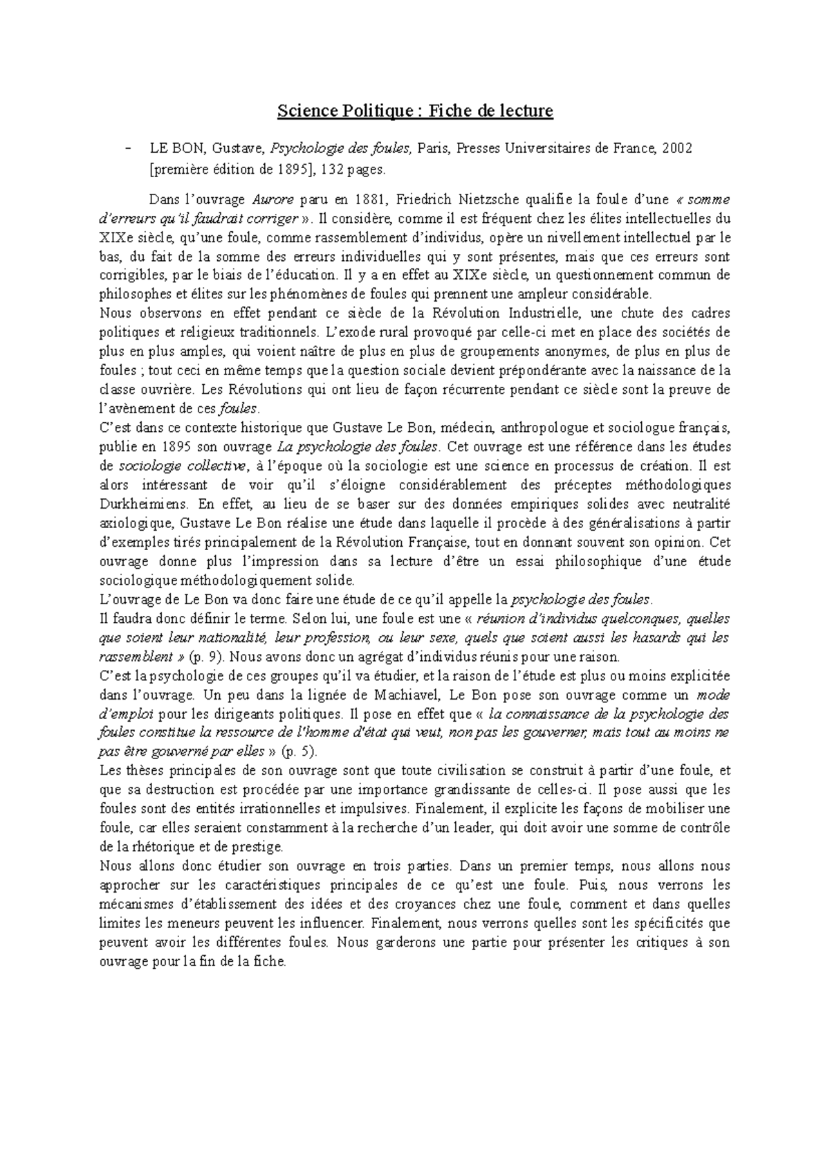 Gustave Le Bon Fiche Lecture Science Politique Fiche de lecture LE