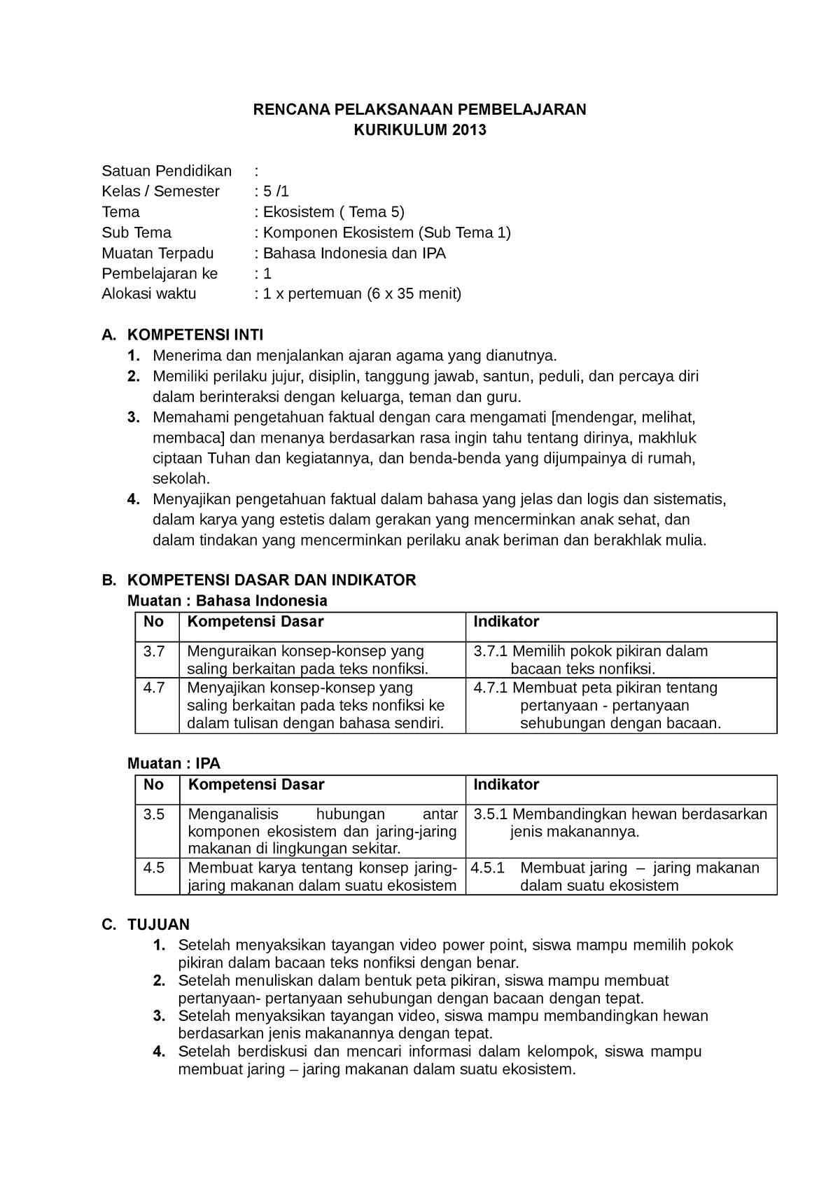 RPP 1 - Rpp - RENCANA PELAKSANAAN PEMBELAJARAN KURIKULUM 2013 Satuan ...