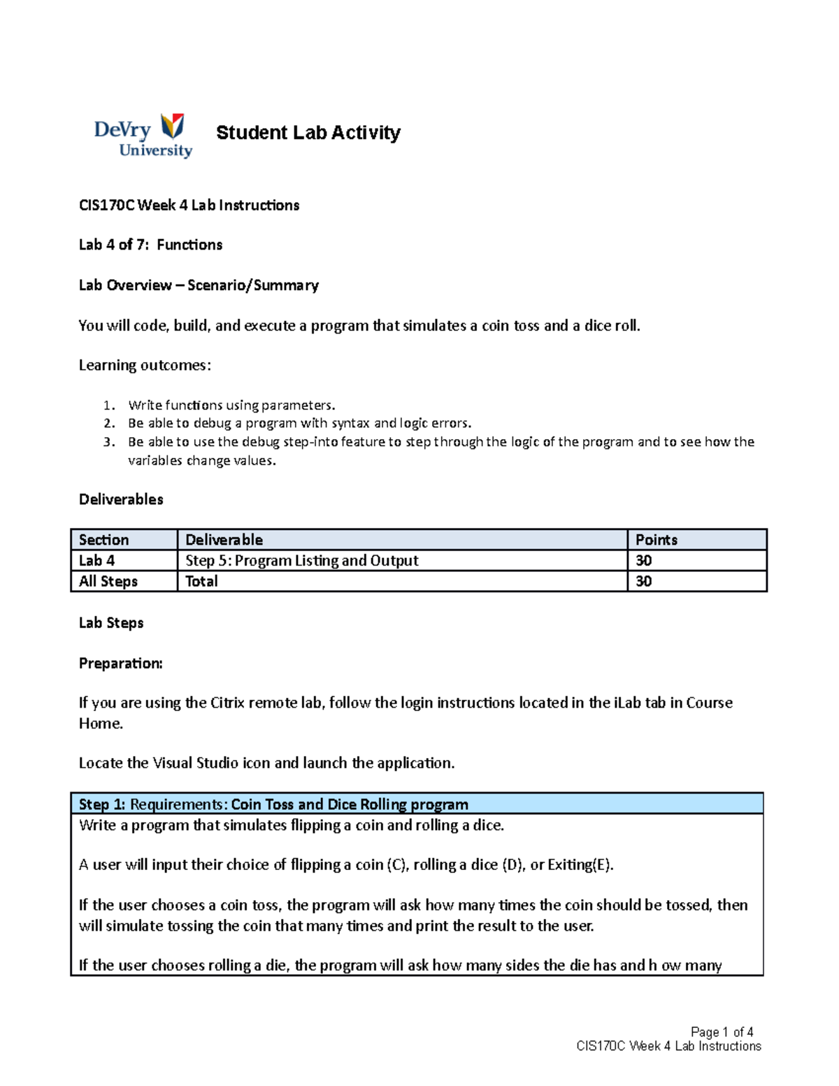 CIS170C W4 Lab Instructions CIS170C Week 4 Lab Instructions Lab 4 of