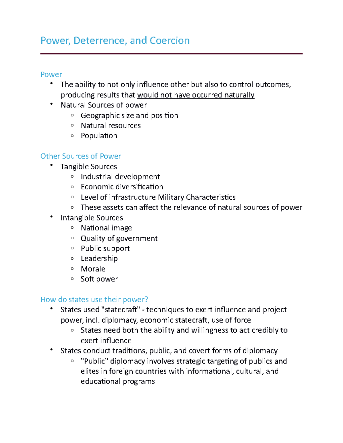 Intro to International Politics Power, Deterrence, and Coercion