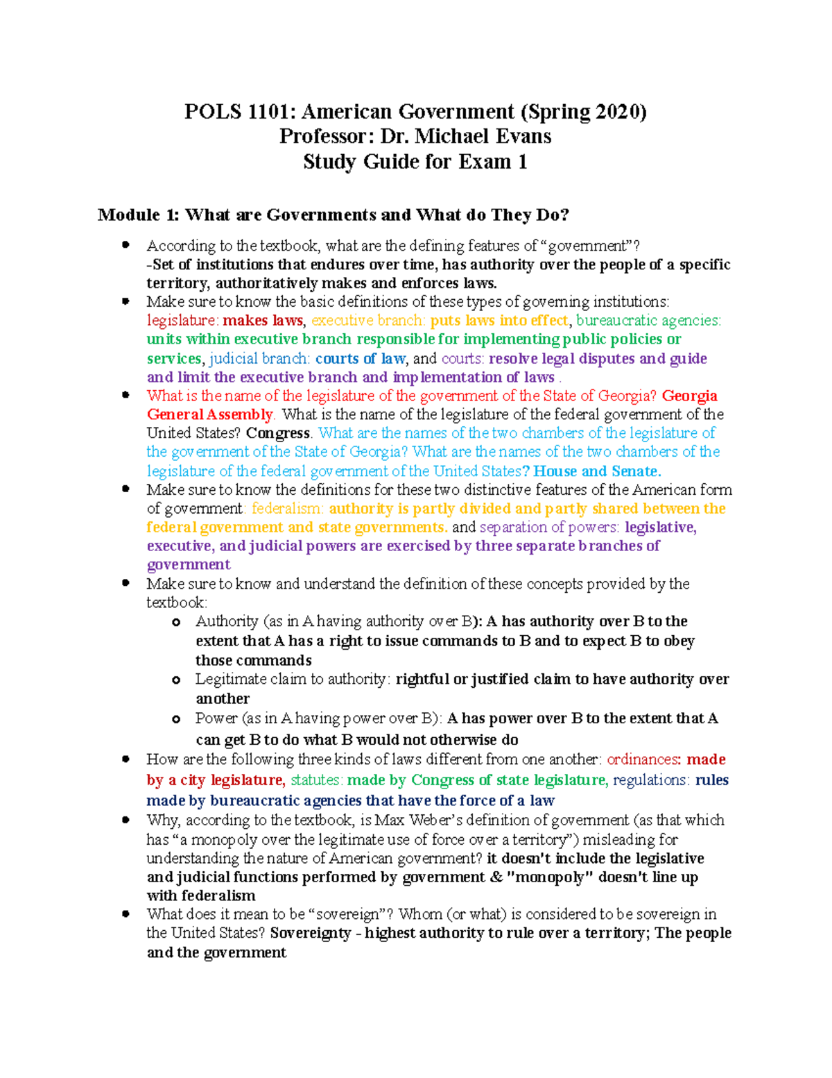 Exam 1 Study Guide - POLS 1101 - S20 Evans - POLS 1101: American ...