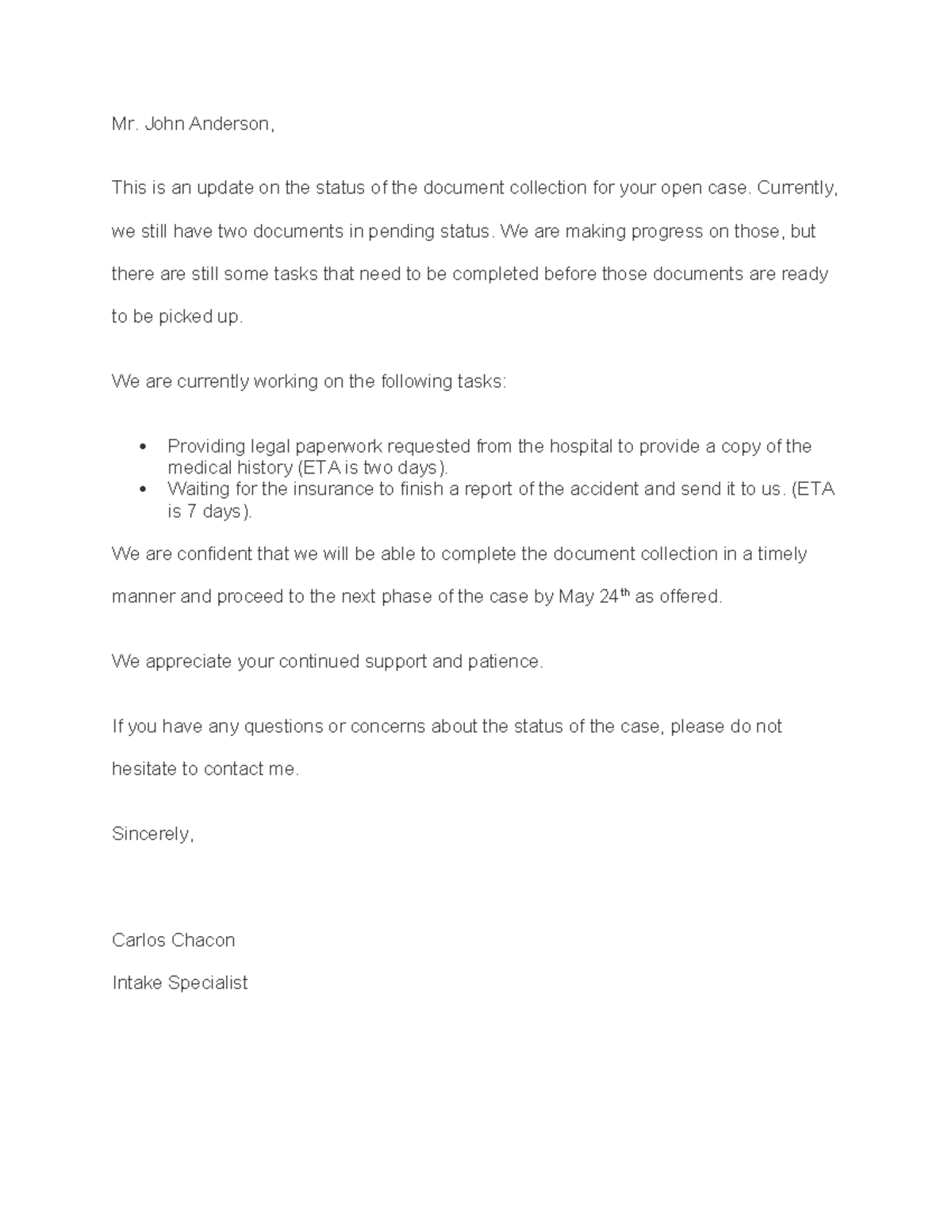Email Sample - Mr. John Anderson, This is an update on the status of ...